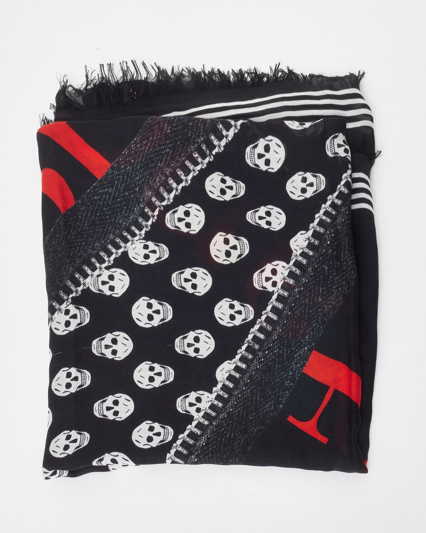 Alexander McQueen Black 
White Skull 
Zipper Chiffon Shawl Scarf