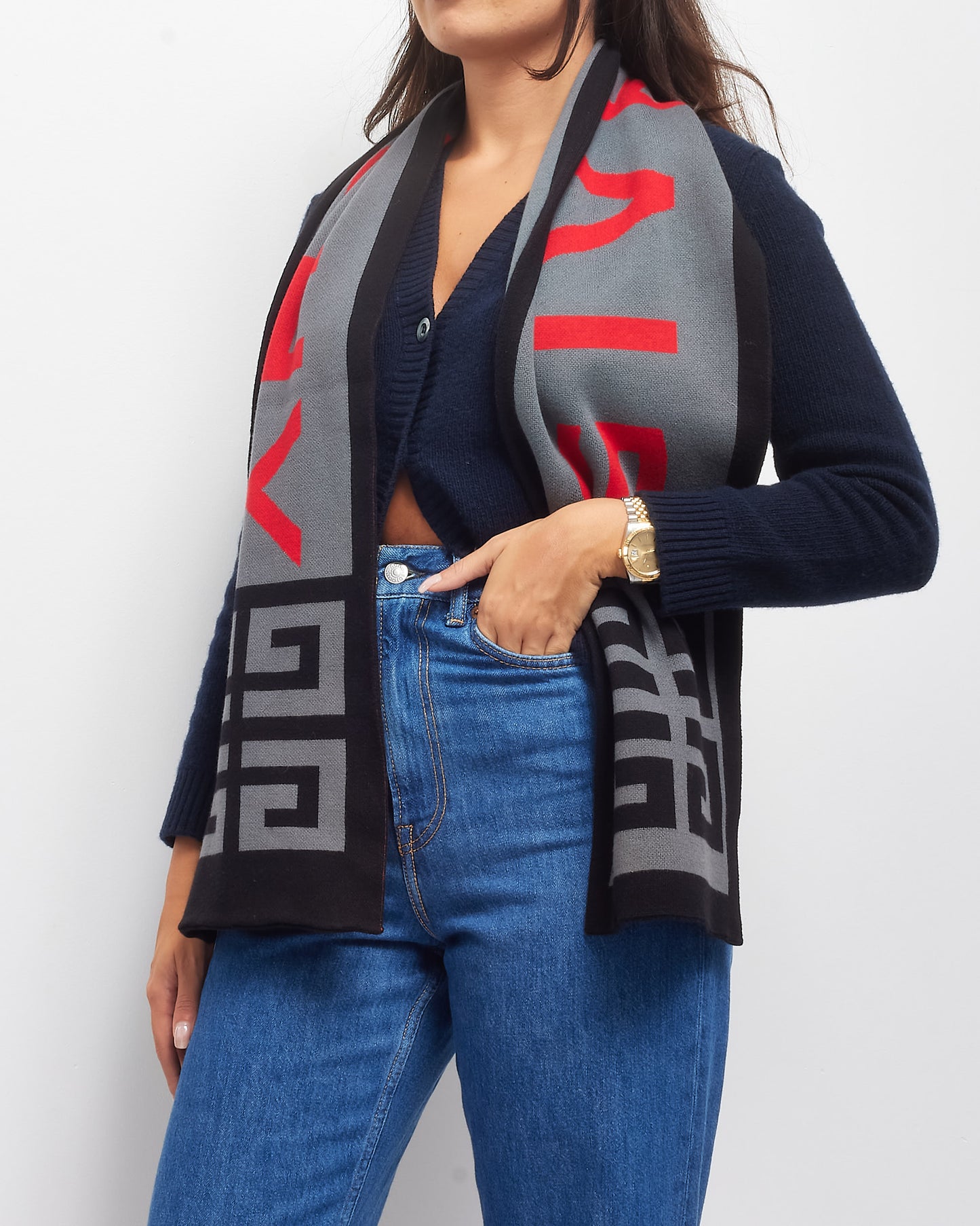 Givenchy Grey, Black 
Red Logo Knit Scarf