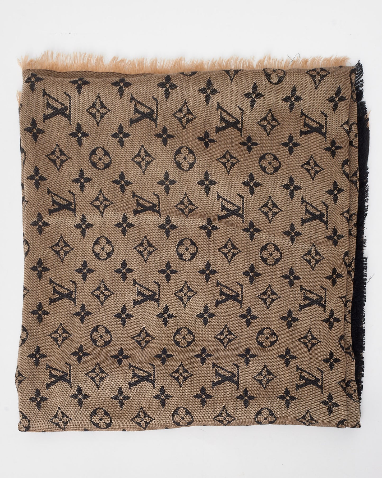 Louis Vuitton Beige 
Black Denim Monogram Silk 
Wool Shawl Scarf