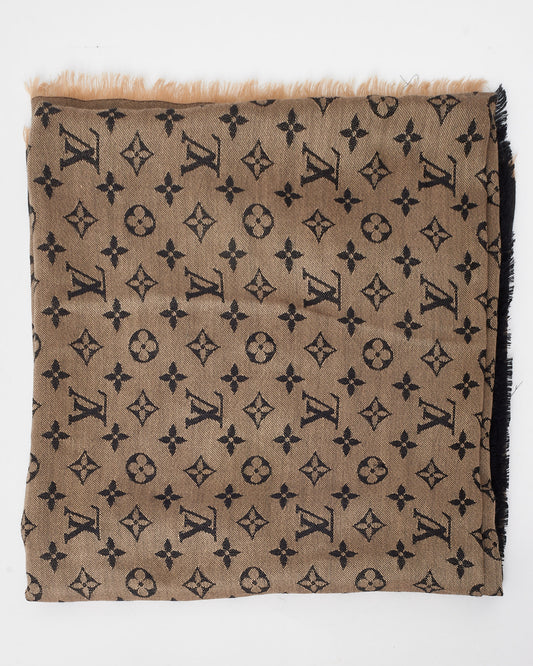 Louis Vuitton Beige 
Black Denim Monogram Silk 
Wool Shawl Scarf