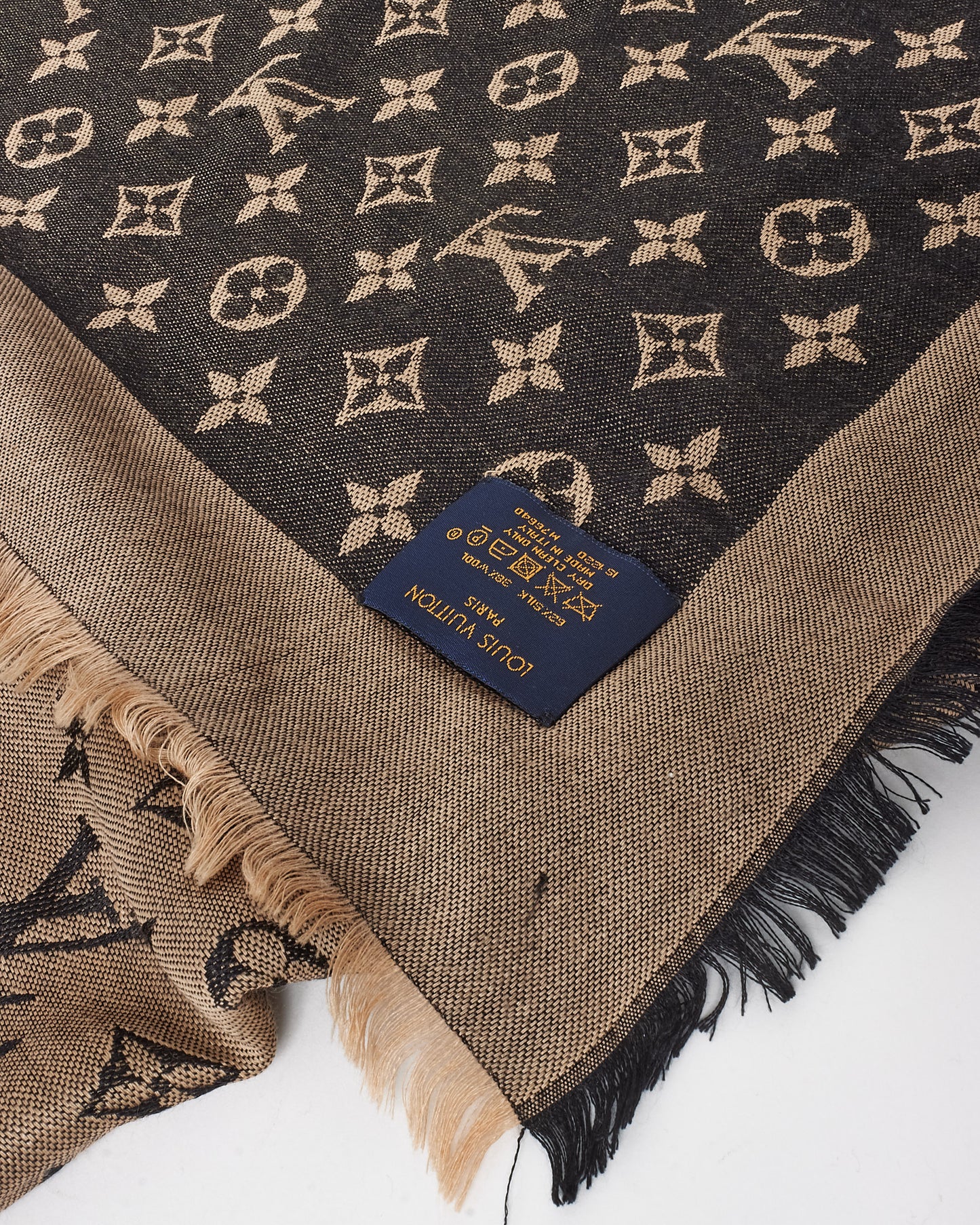 Louis Vuitton Beige 
Black Denim Monogram Silk 
Wool Shawl Scarf