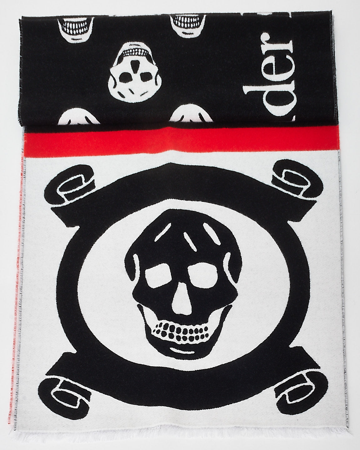 Alexander McQueen Black, White 
Red Skull Knit Logo Scarf