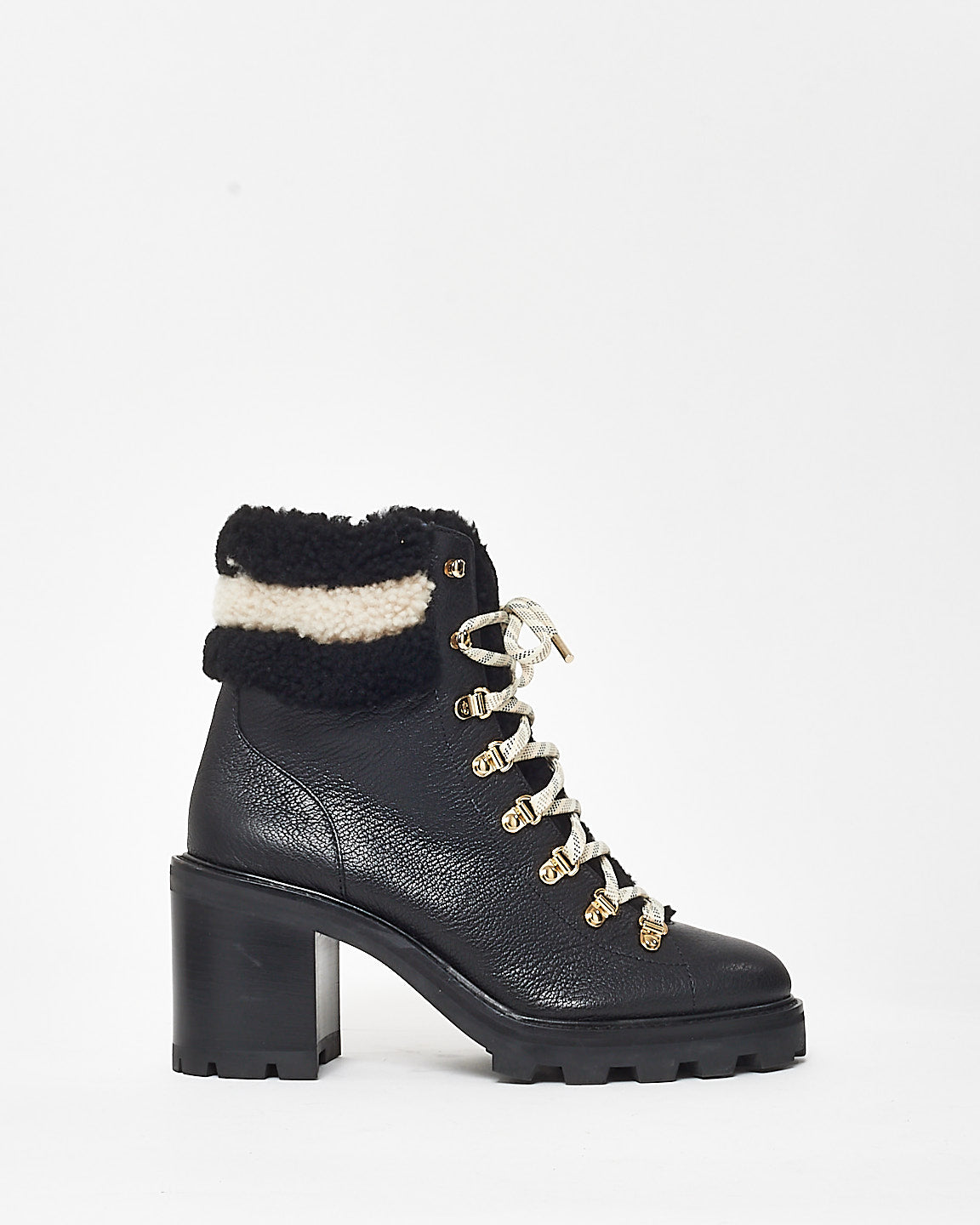 Jimmy Choo Black Leather 
Shearling Lace Up Combat Boots - 41