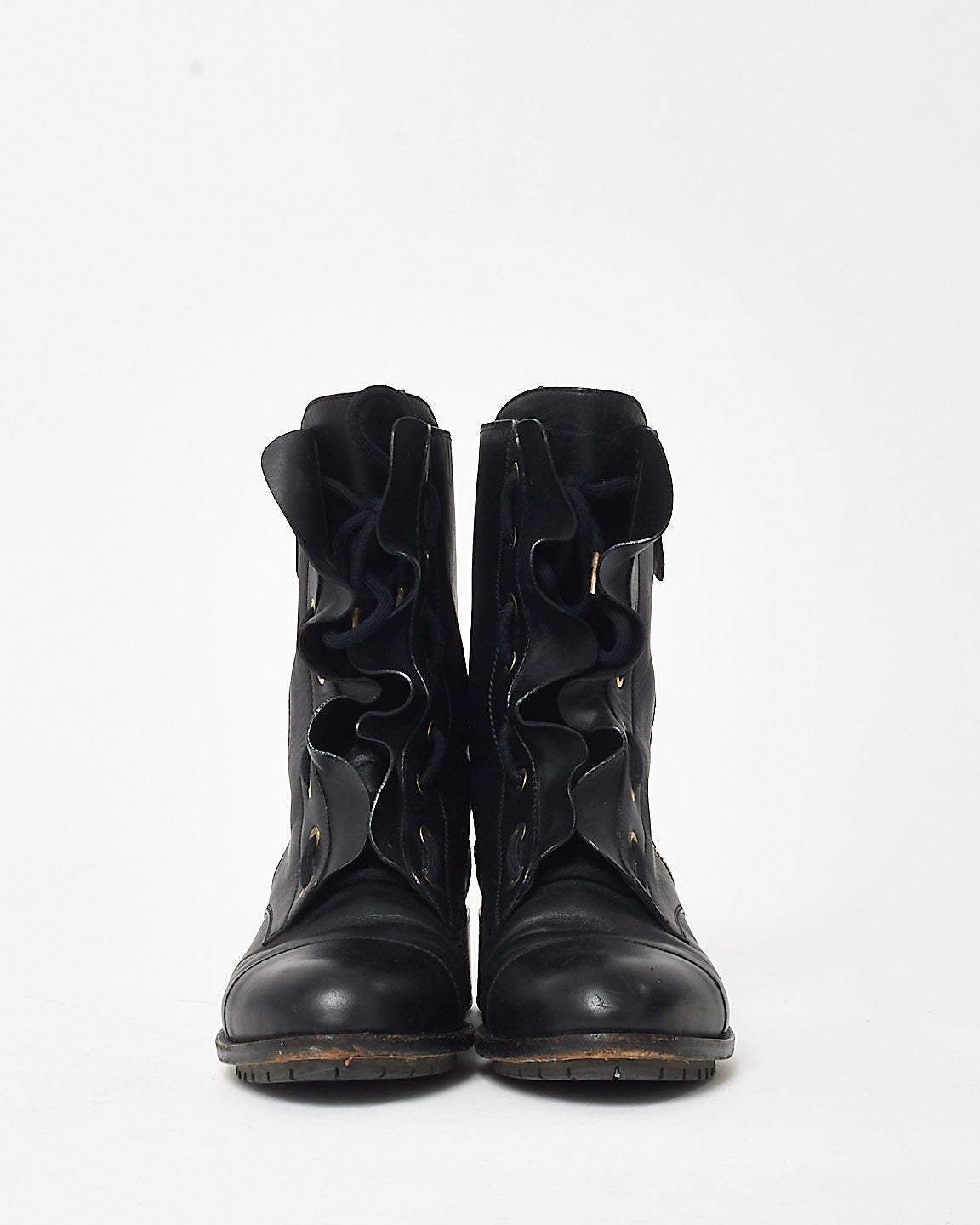 Valentino Black Leather Ruffle Combat Boots - 39