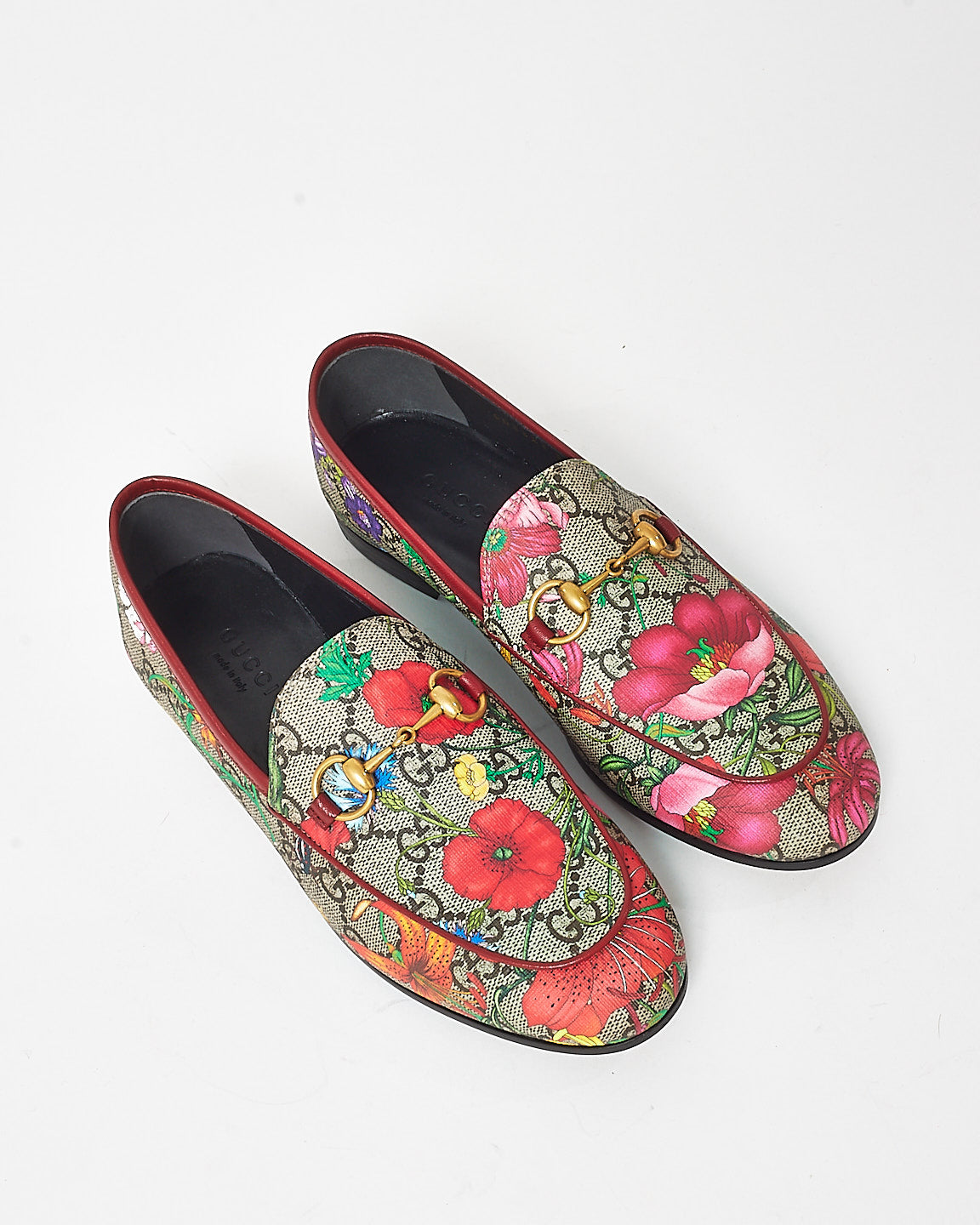 Gucci Red Monogram Flora Print Horsebit Loafers - 35