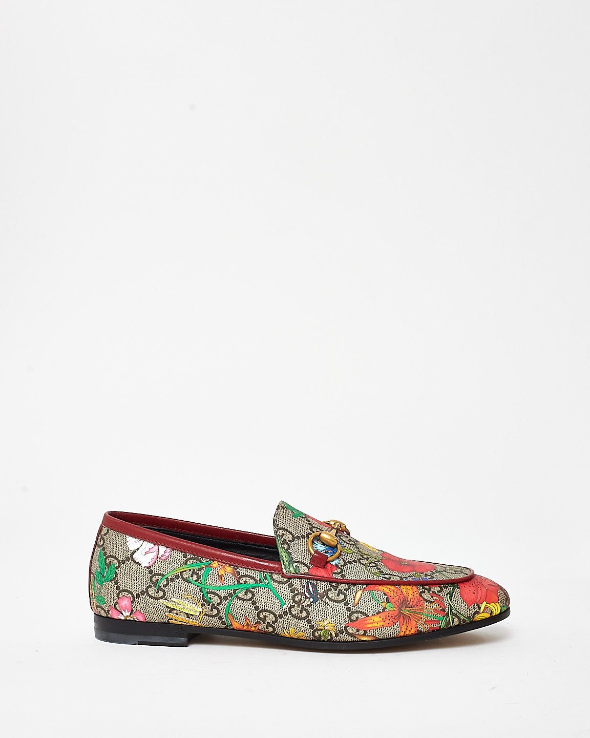 Gucci Red Monogram Flora Print Horsebit Loafers - 35