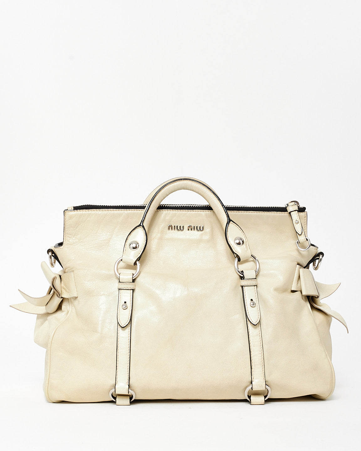 Miu Miu Off White Vitello Lux Leather Bow Detail Convertible Bag