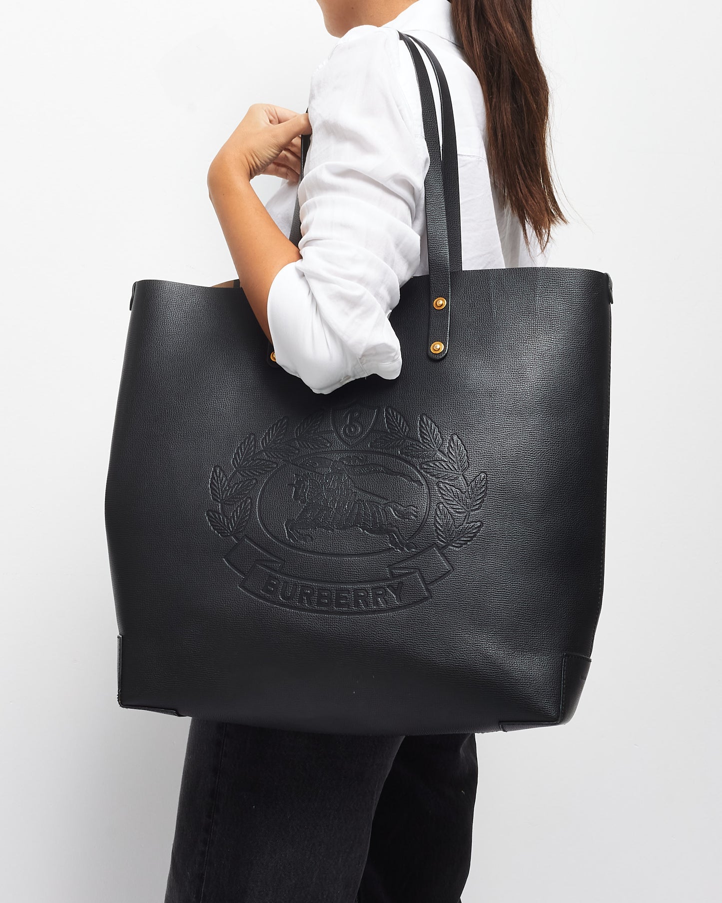 Burberry Black Leather Calfskin Crest Embossed Large Tote Bag