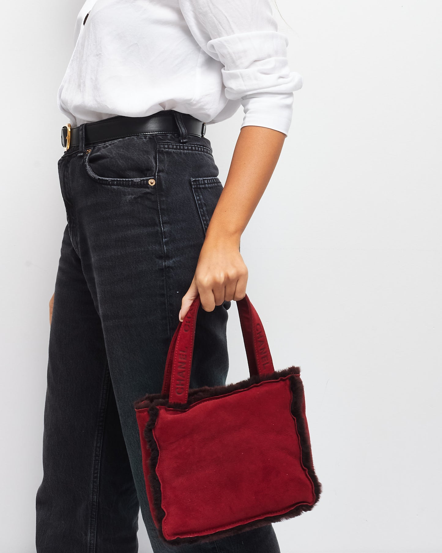 Chanel Burgundy Suede 
Faux Fur Mini Tote Bag