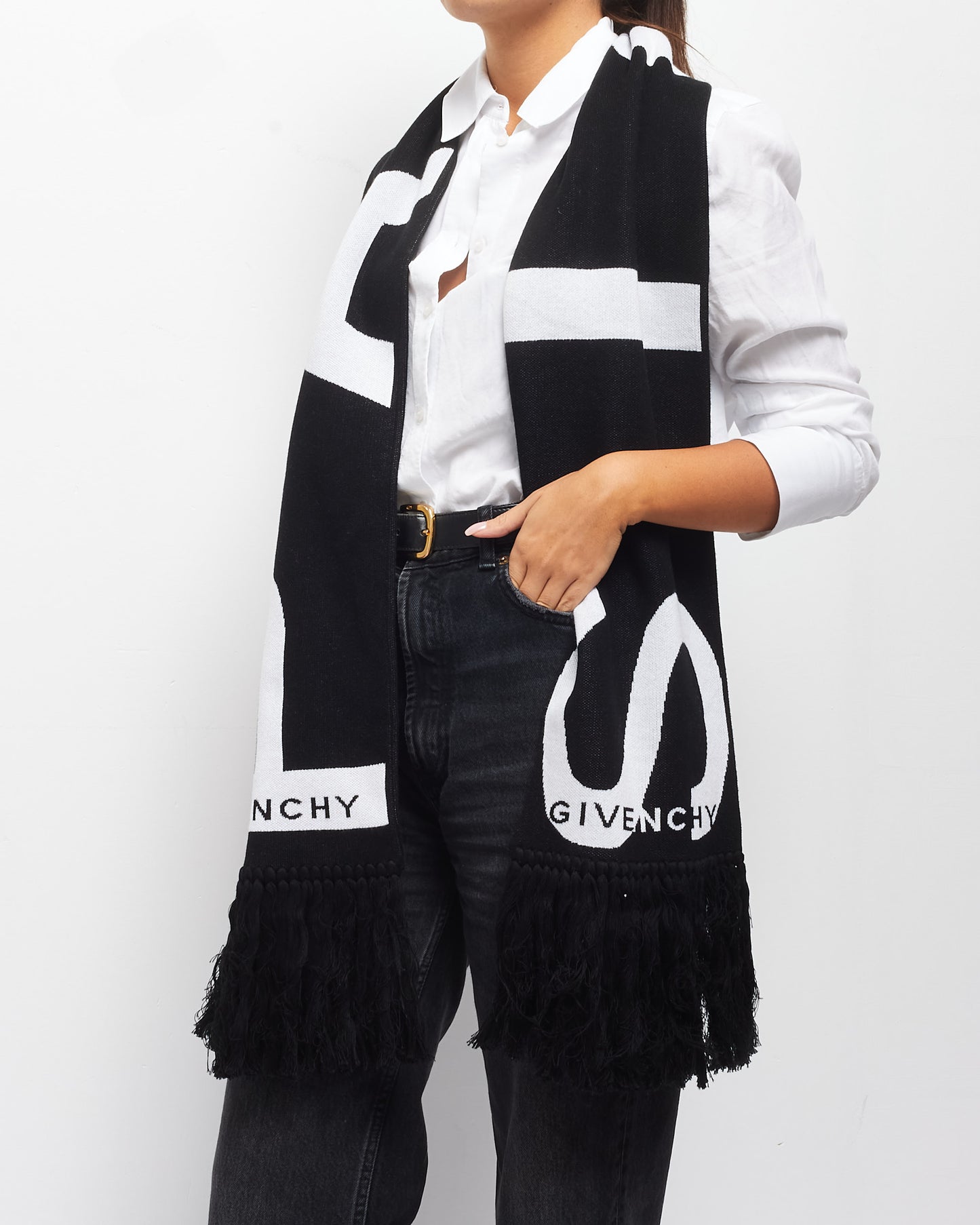 Givenchy Black Knit Logo Paris Fringe Scarf