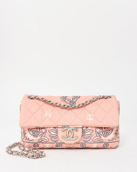 Chanel Pink Peach Fabric Bandana Flower Paisley Print Classic Flap Shoulder Bag