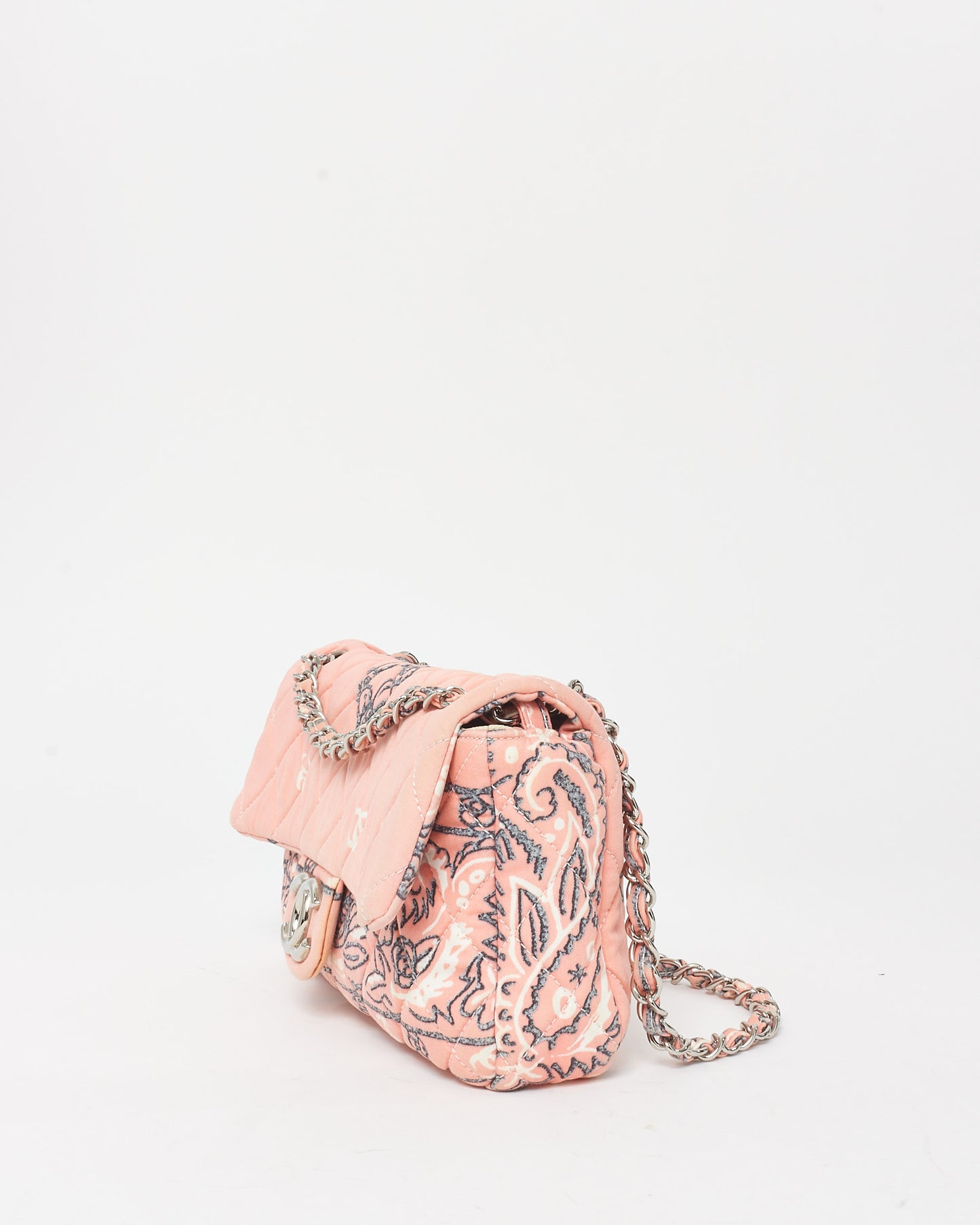 Chanel Pink Peach Fabric Bandana Flower Paisley Print Classic Flap Shoulder Bag