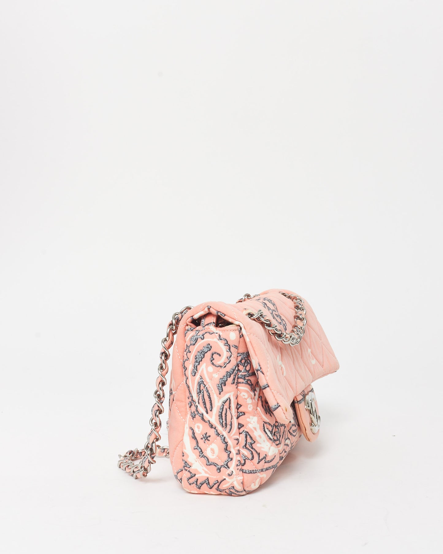 Chanel Pink Peach Fabric Bandana Flower Paisley Print Classic Flap Shoulder Bag