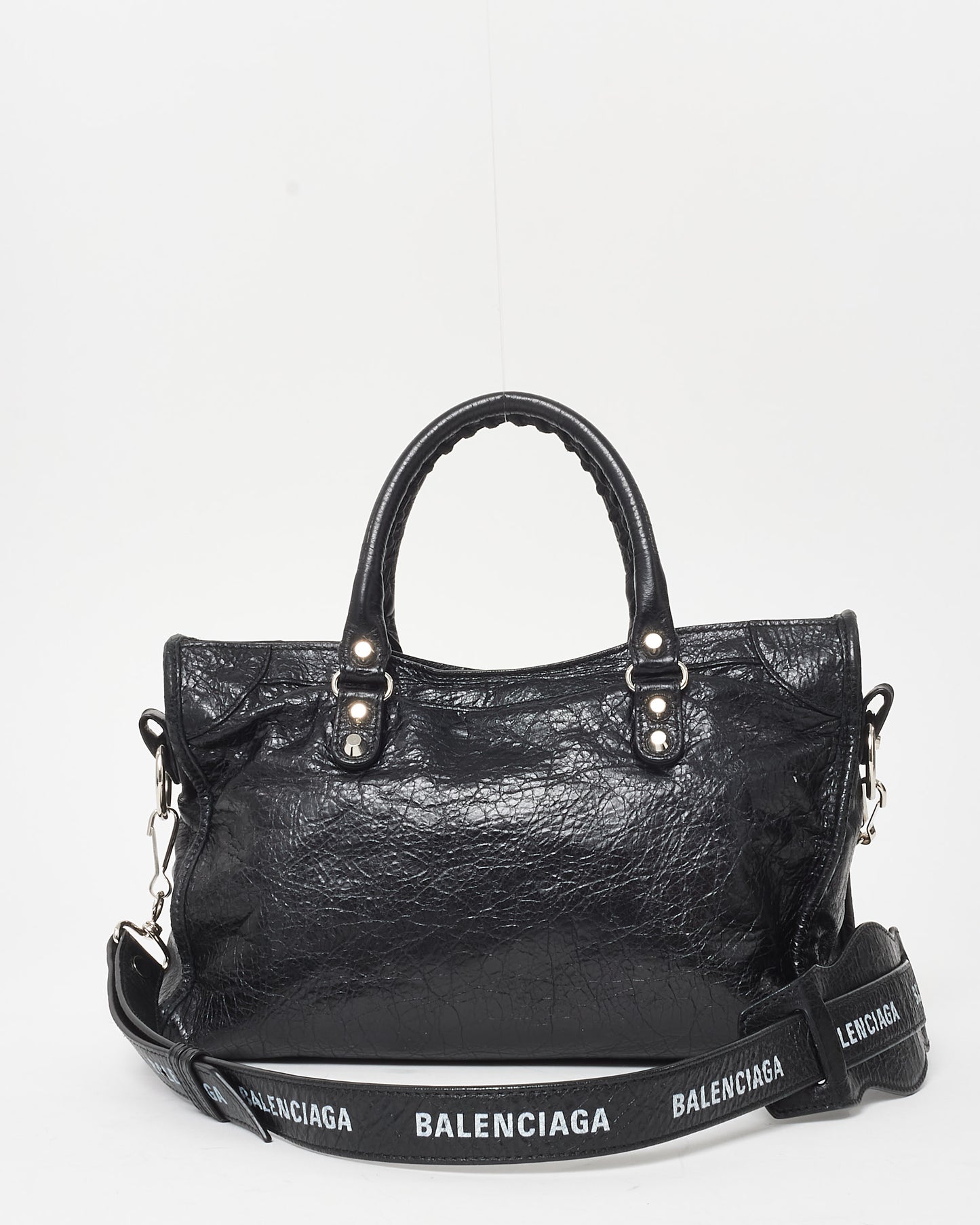 Balenciaga Black Crinkle Leather Le City Small City Bag W/ Logo Strap