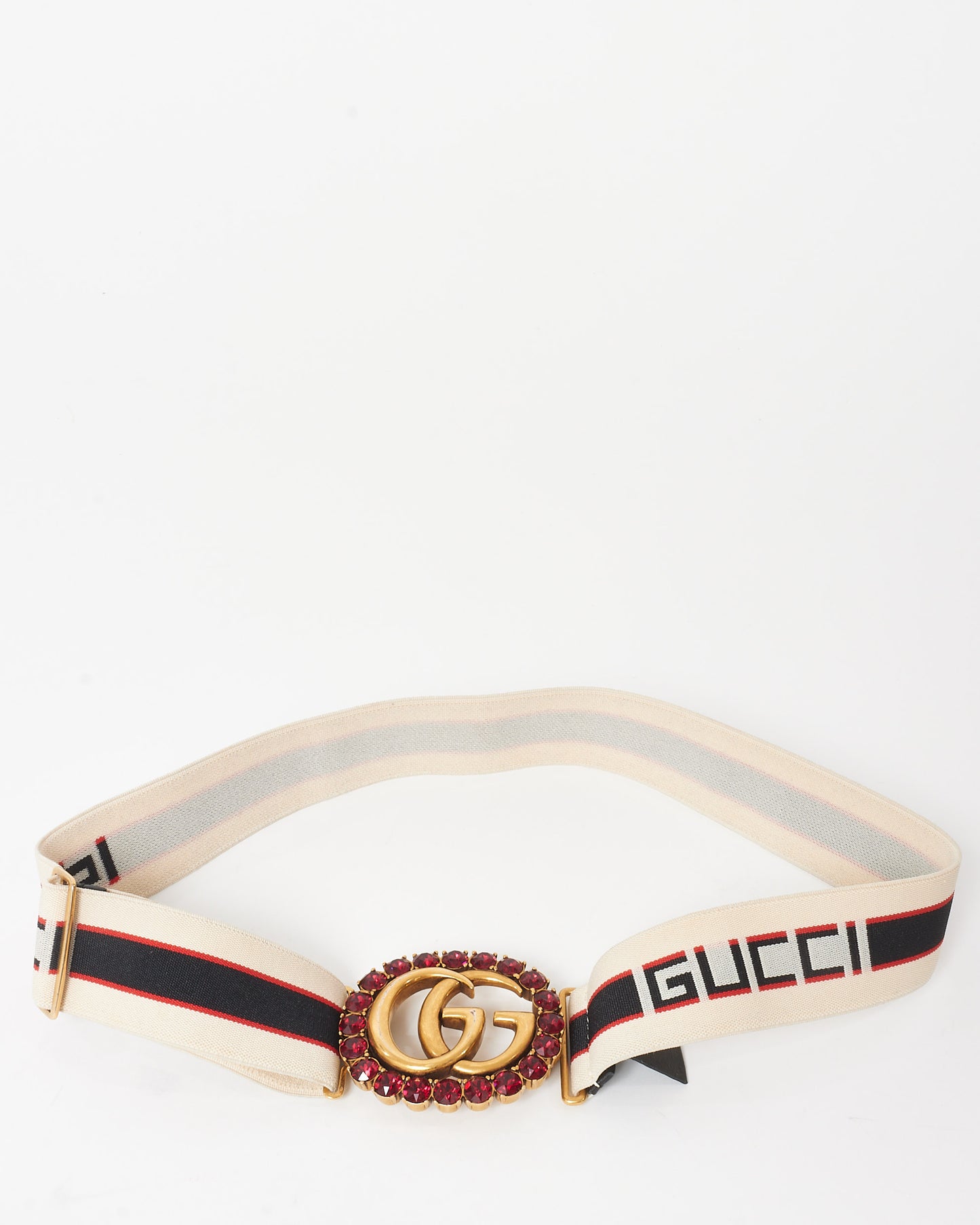 Gucci Cream Logo Elastic Red Crystal GG Marmont Belt - 75/30