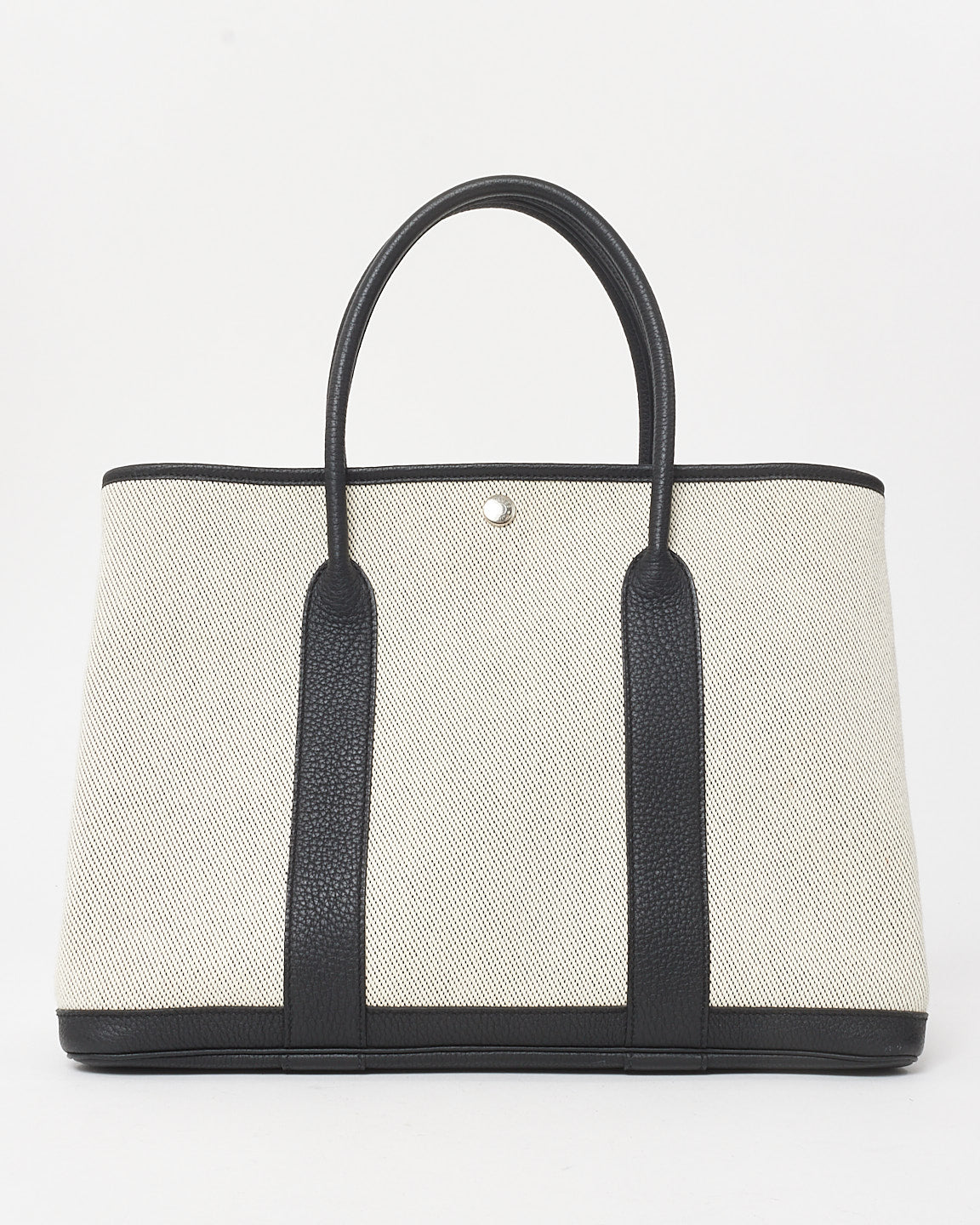 Hermès Cream Canvas 
Black Leather Garden Party 36 Tote Bag