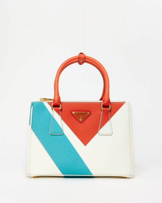 Prada White Orange 
Blue Saffiano Leather Special Edition Small Galleria Bag