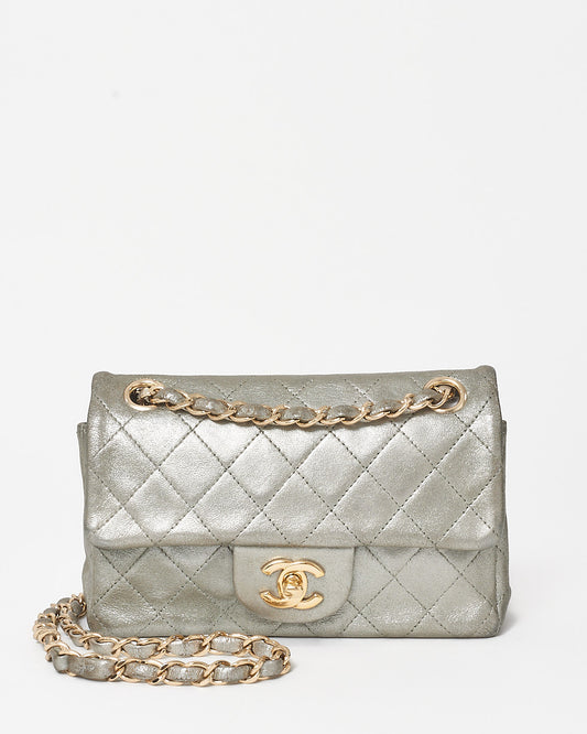 Chanel Silver Leather 4 Grommet Mini Rectangular Single Flap Bag