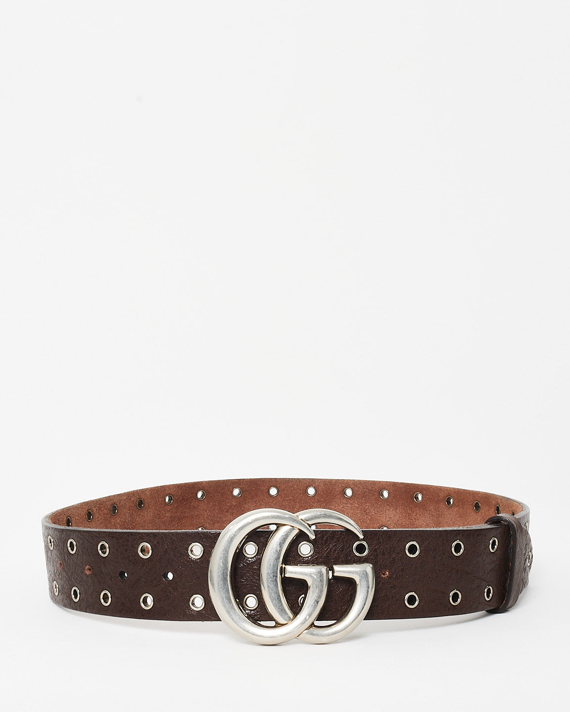 Gucci Brown Leather Studded Silver GG Marmont Belt - 80/32