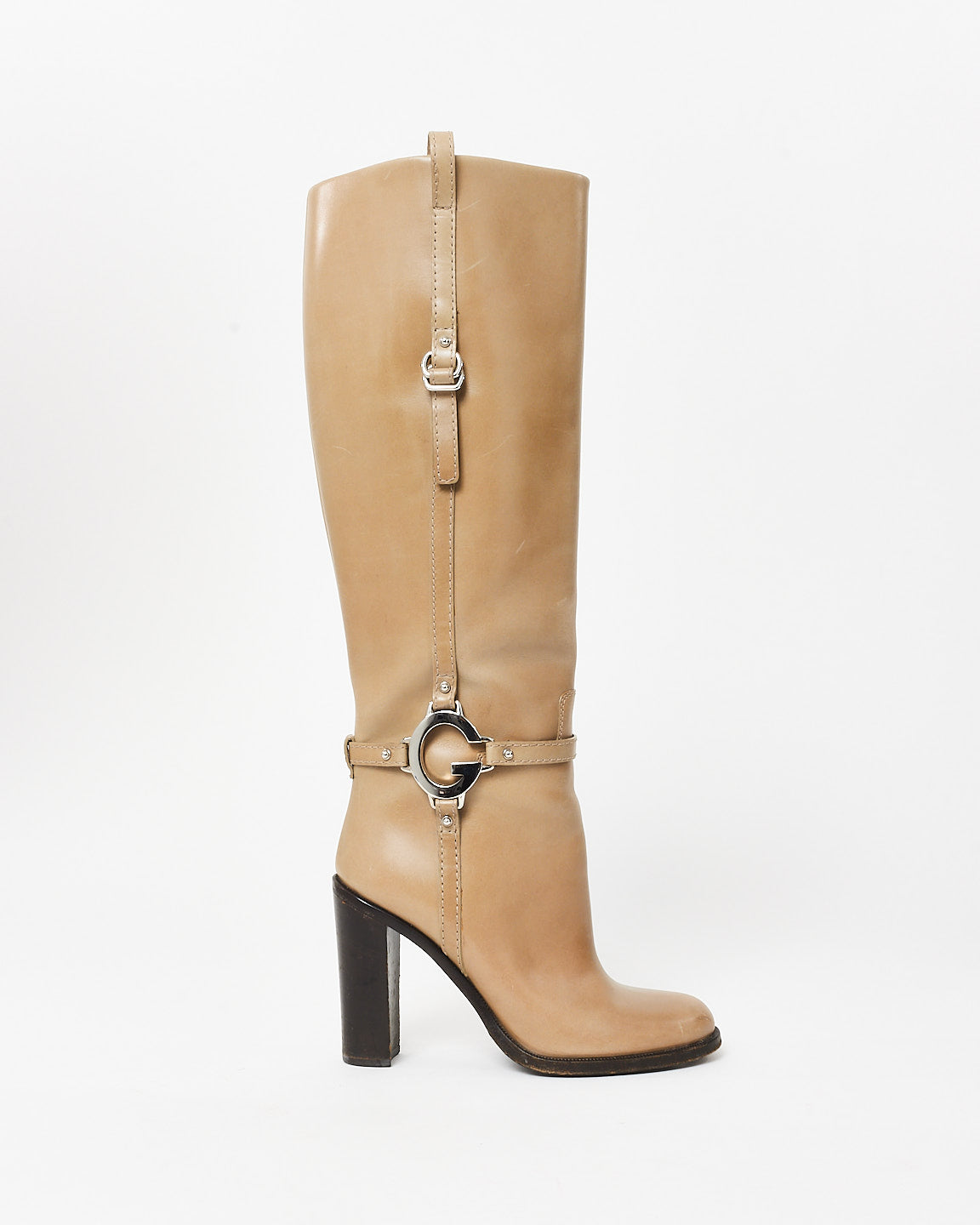 Gucci Taupe Leather G Buckle Block Heel Boots - 37