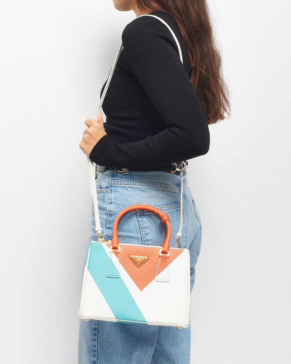 Prada White Orange 
Blue Saffiano Leather Special Edition Small Galleria Bag