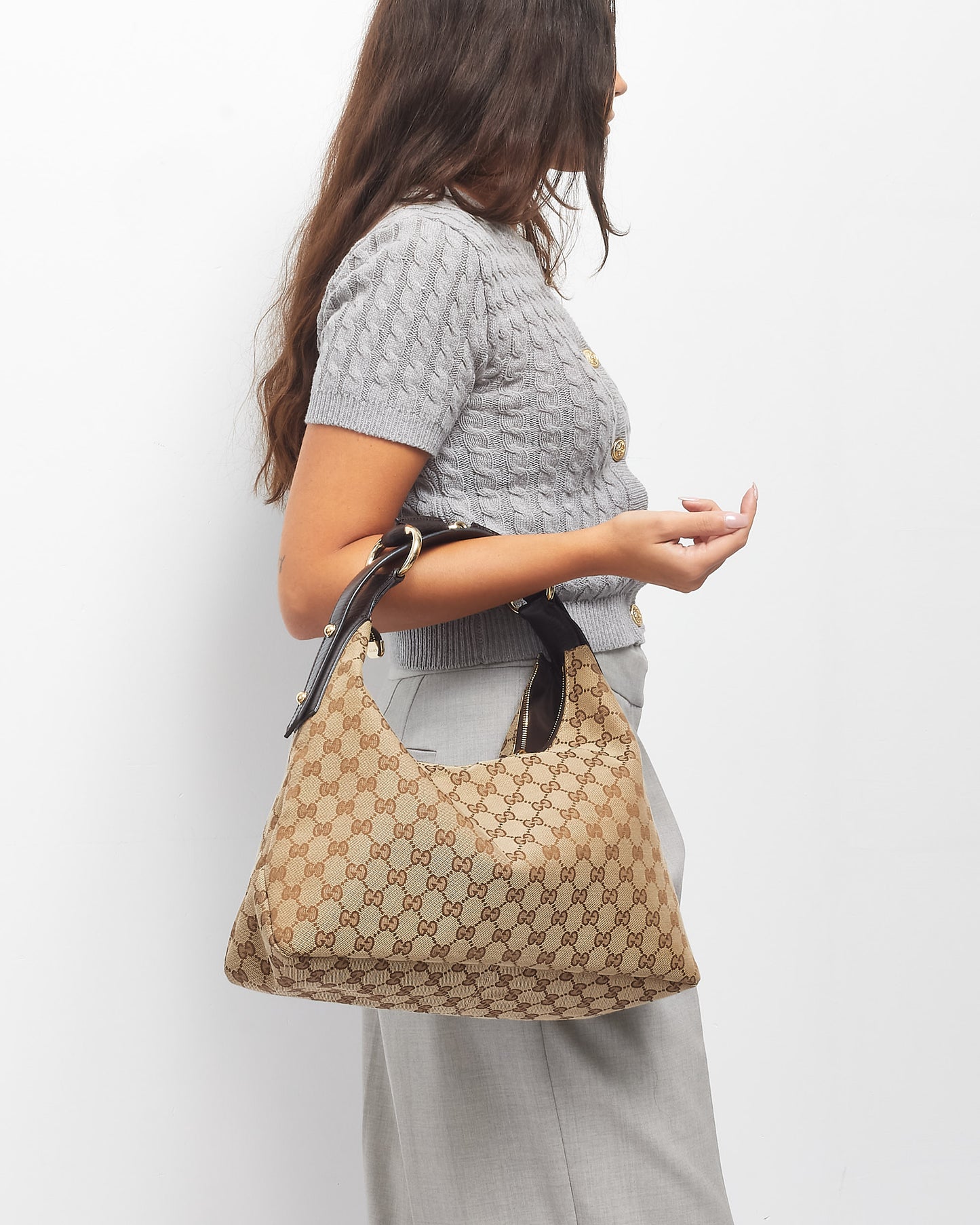 Gucci Brown Monogram Canvas Horsebit Hobo Shoulder Bag