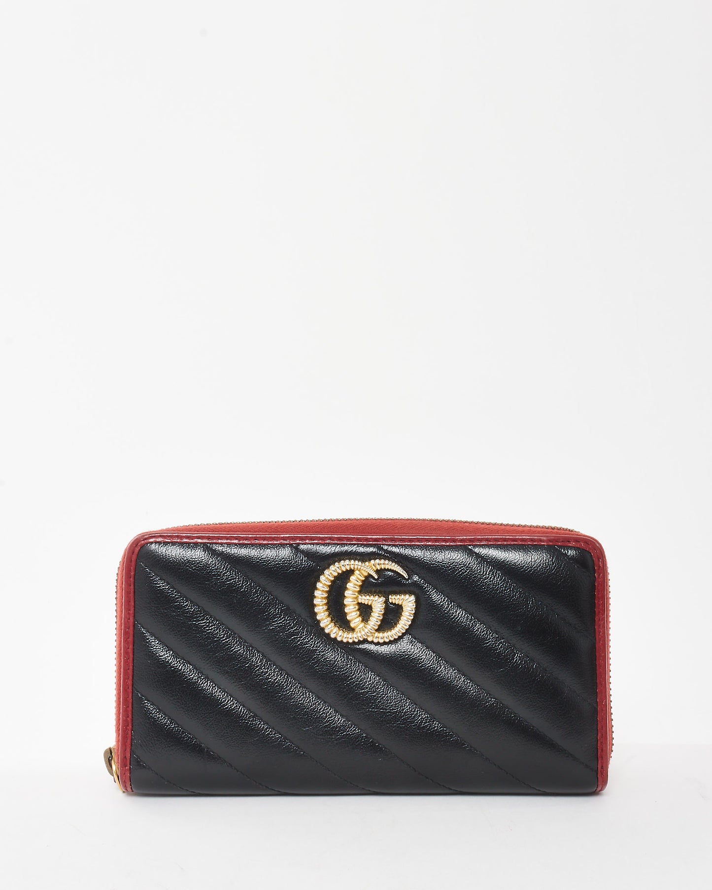 Gucci Black Leather 
Red Diagonal Torchon GG Long Zip Wallet