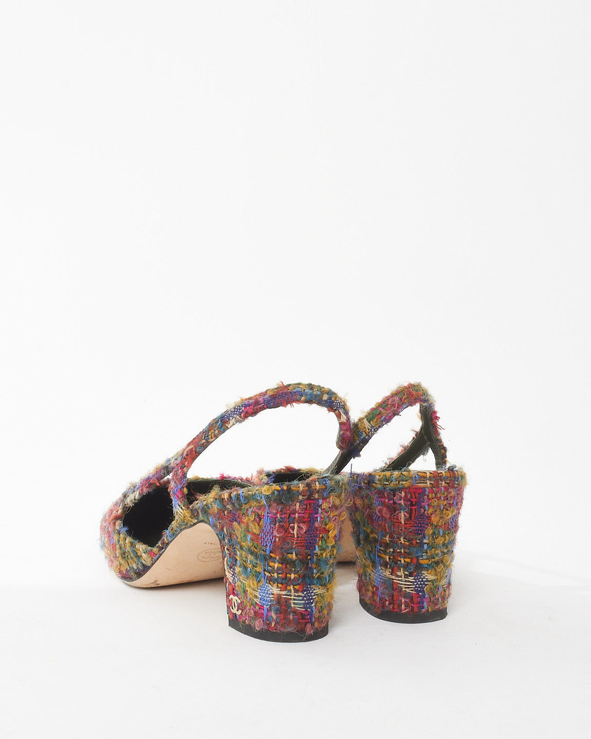 Chanel Army Green Red 
Blue Tweed Block Heel Slingbacks - 38C