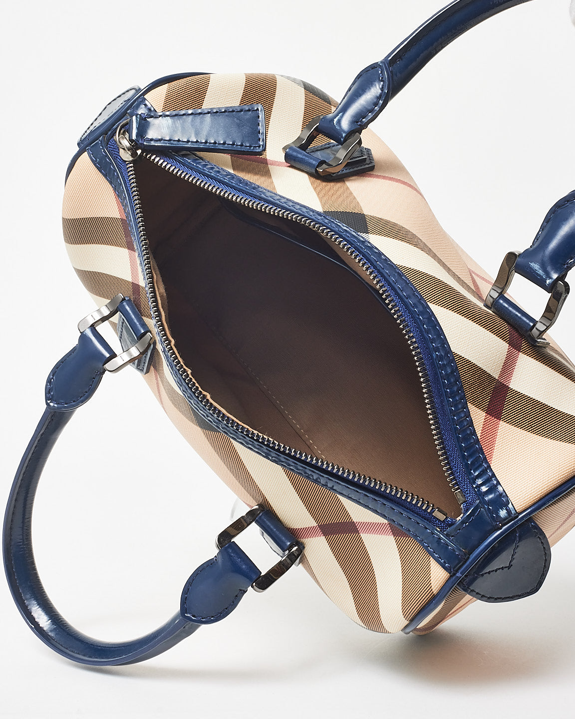 Burberry Coated Canvas Plaid 
Navy Boston Bag