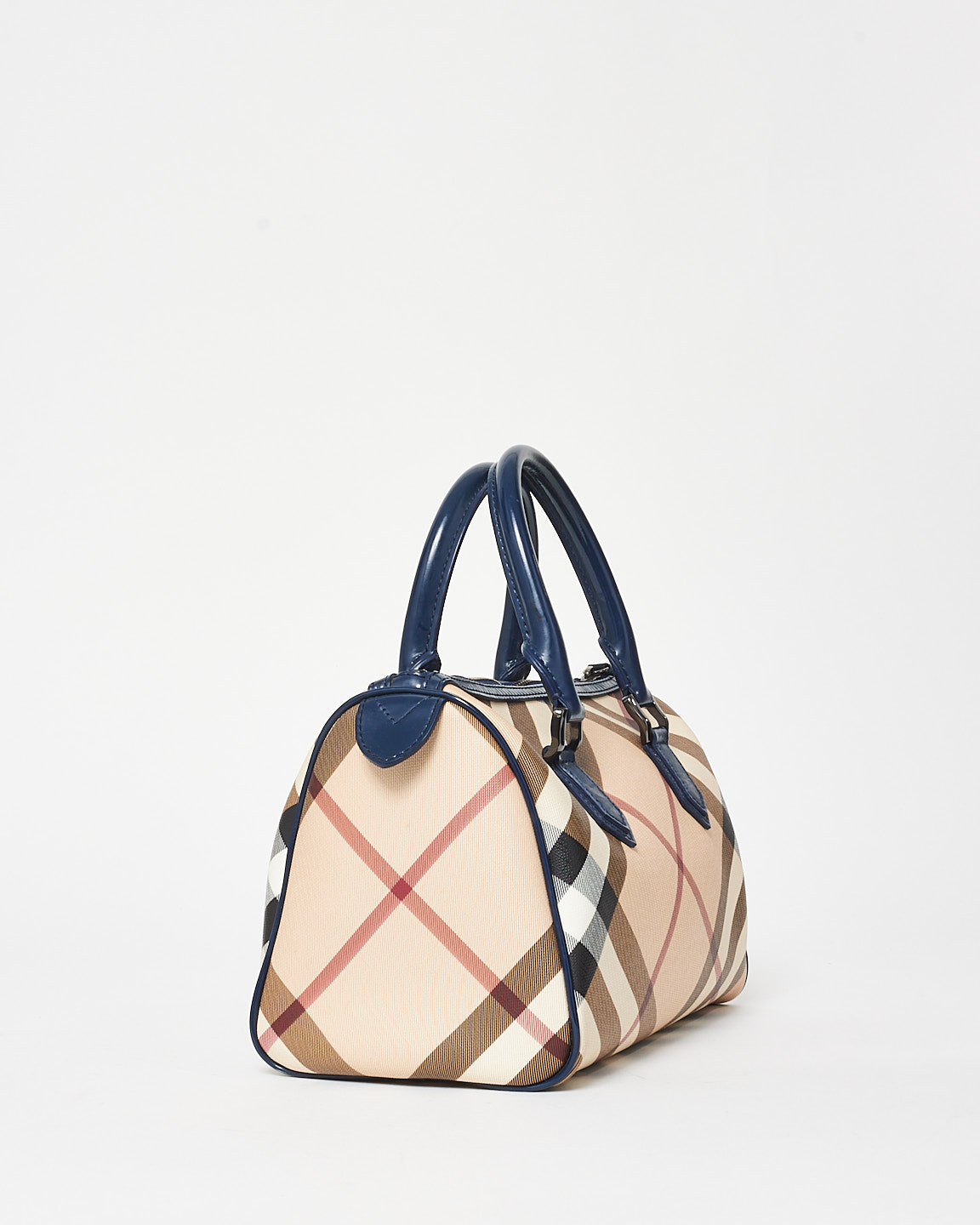 Burberry Coated Canvas Plaid 
Navy Boston Bag