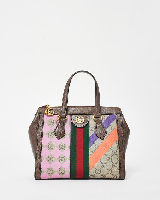 Gucci Monogram Coated Canvas W/ Purple 
Orange Small GG Ophidia Tote Bag