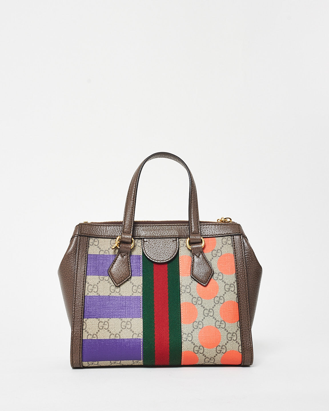 Gucci Monogram Coated Canvas W/ Purple 
Orange Small GG Ophidia Tote Bag