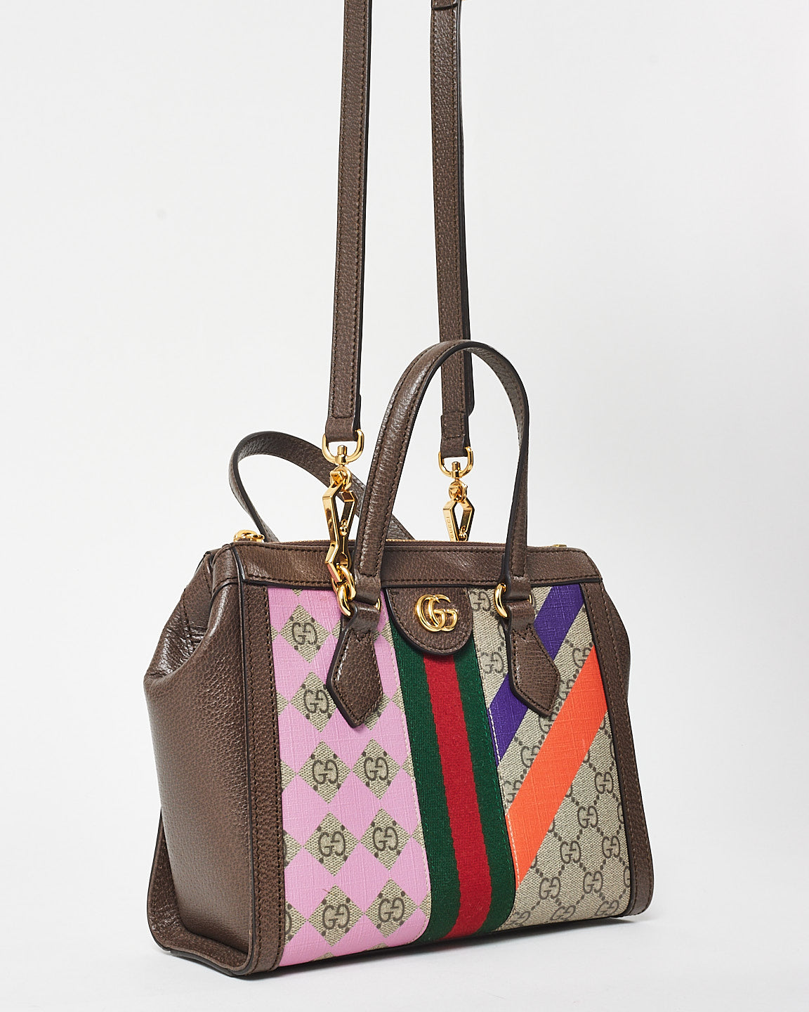 Gucci Monogram Coated Canvas W/ Purple 
Orange Small GG Ophidia Tote Bag