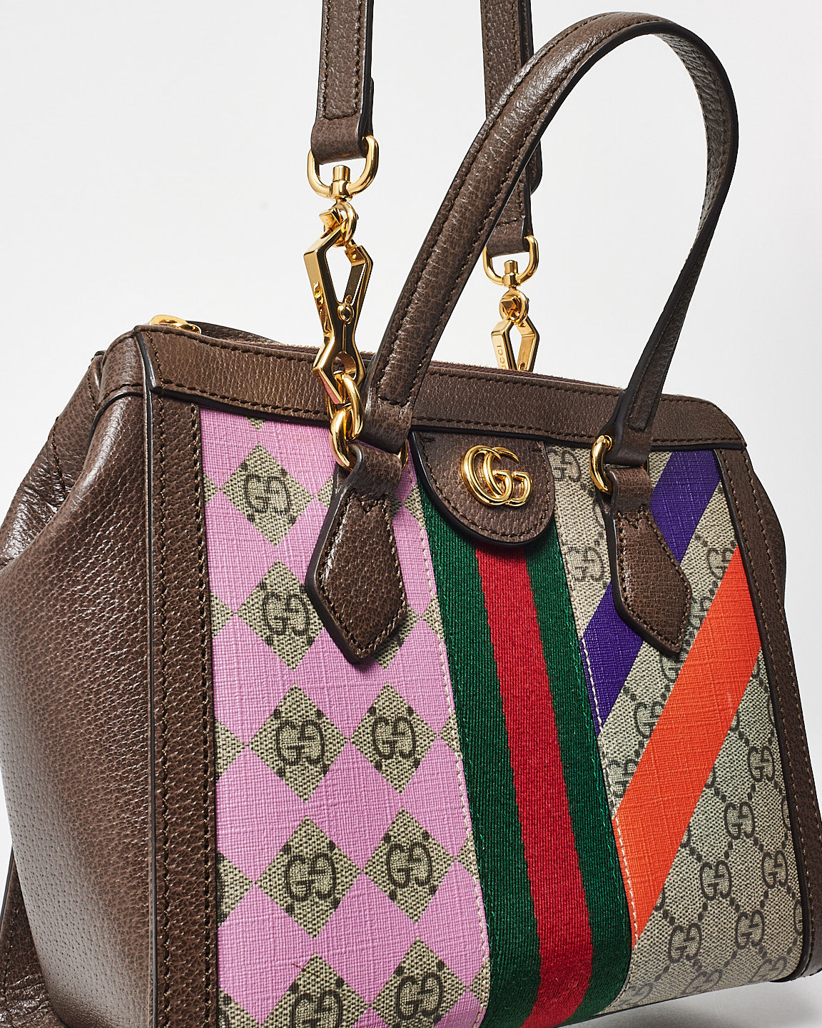 Gucci Monogram Coated Canvas W/ Purple 
Orange Small GG Ophidia Tote Bag