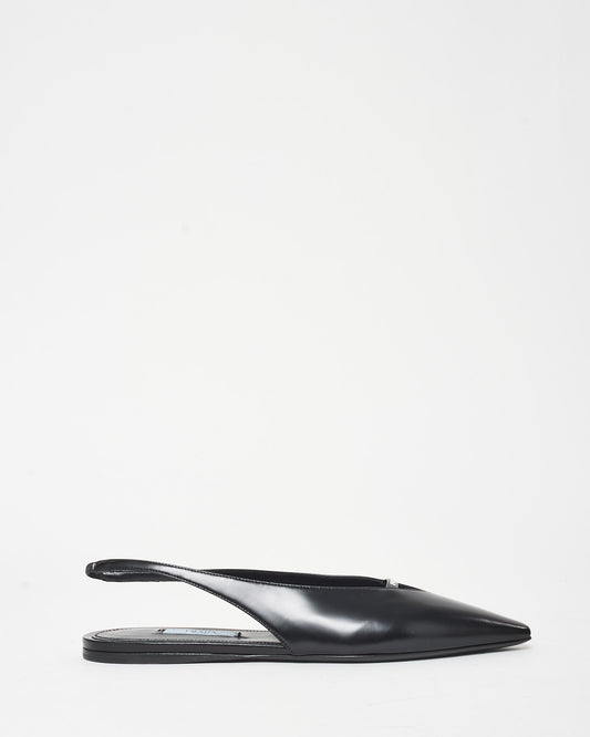 Prada Black Leather Logo Slingback Flats - 38.5