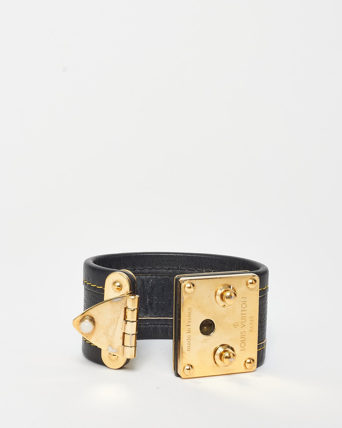 Louis Vuitton Black Suhali Leather S Lock Gold Cuff