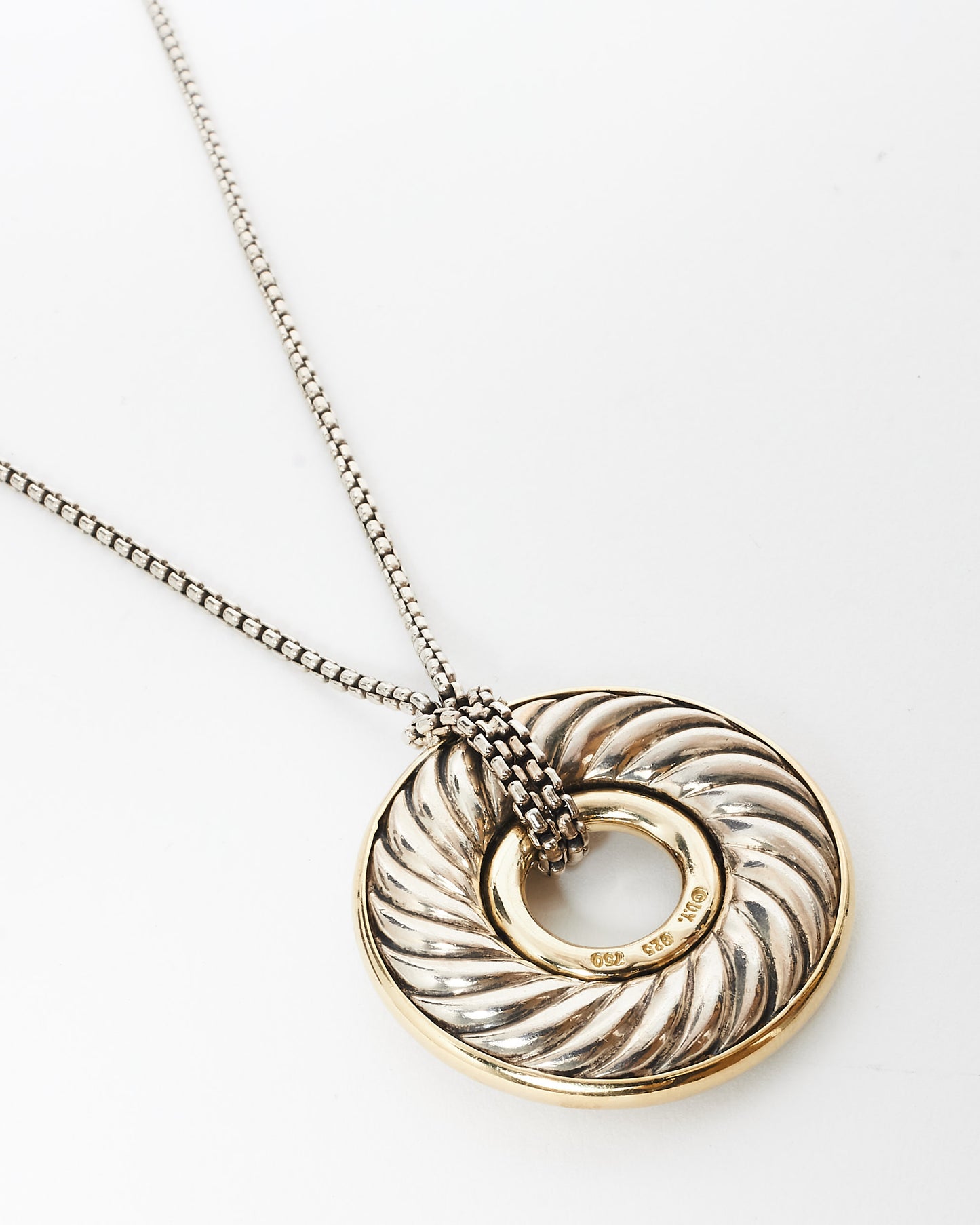 David Yurman Silver 
Gold Carved Cable Circle Pendant Necklace