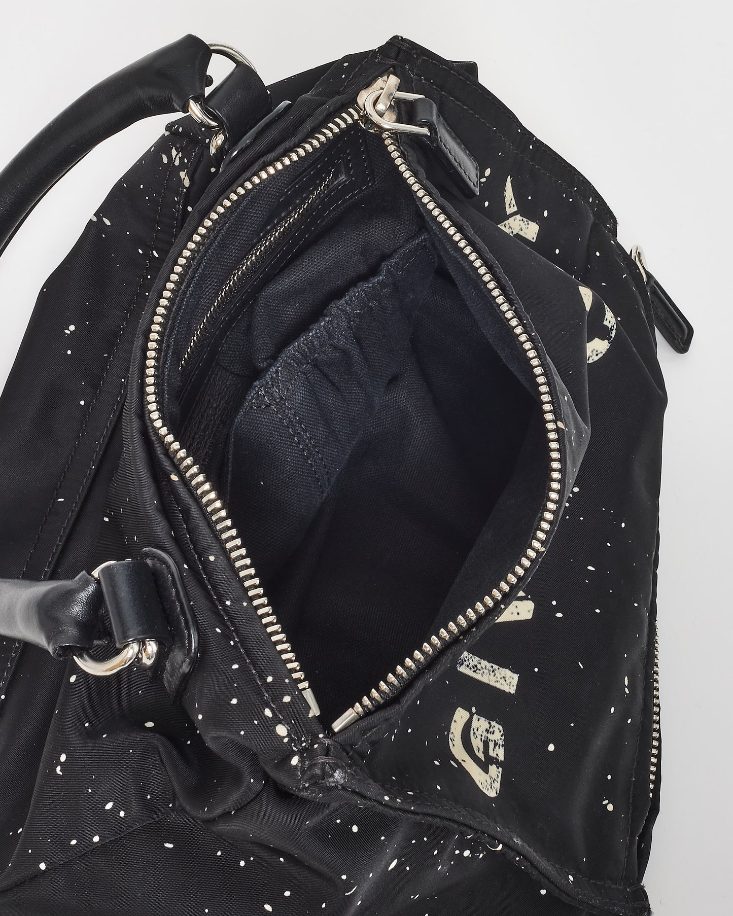 Givenchy Black 
White Splatter Logo Nylon Pandora Bag