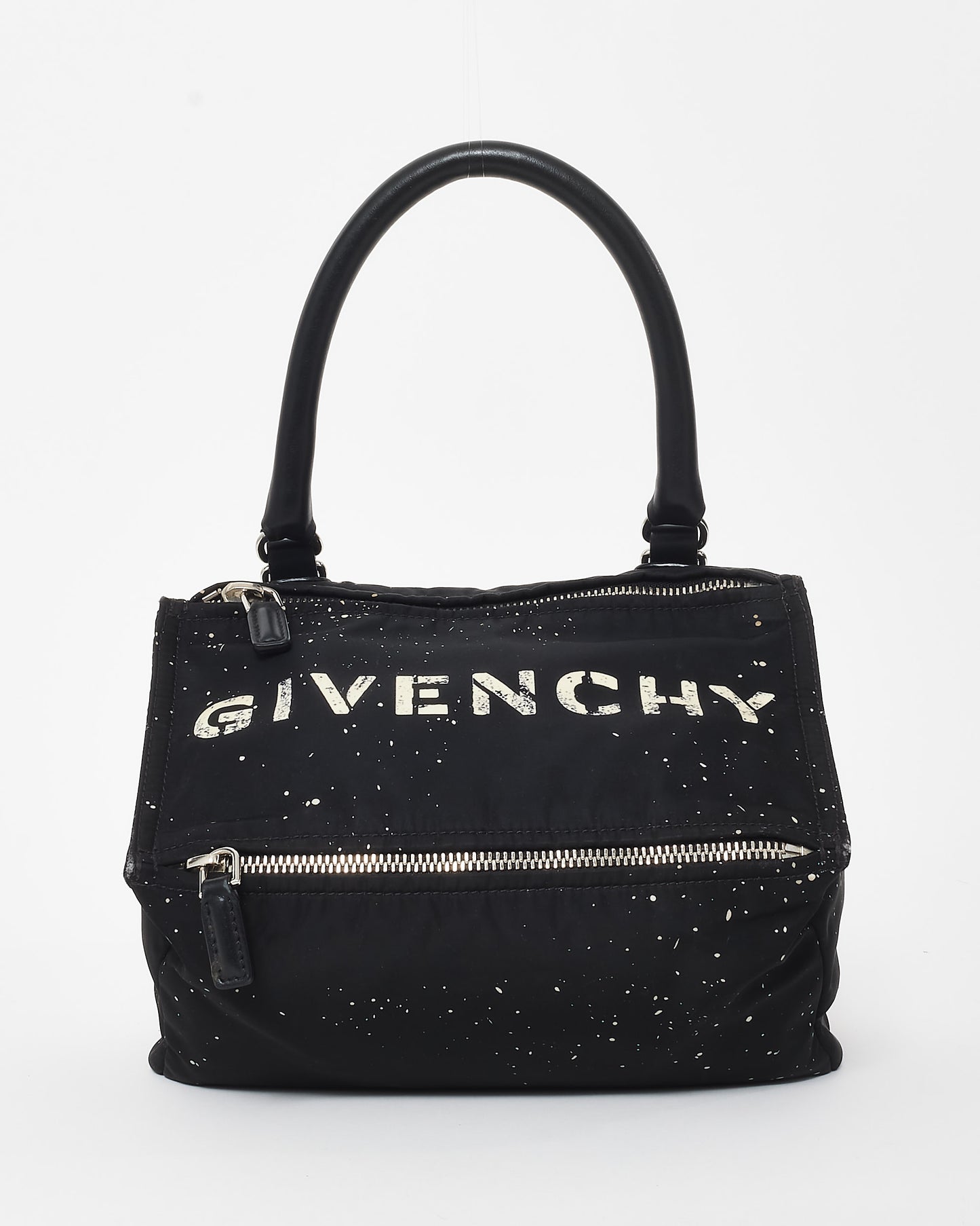 Givenchy Black 
White Splatter Logo Nylon Pandora Bag