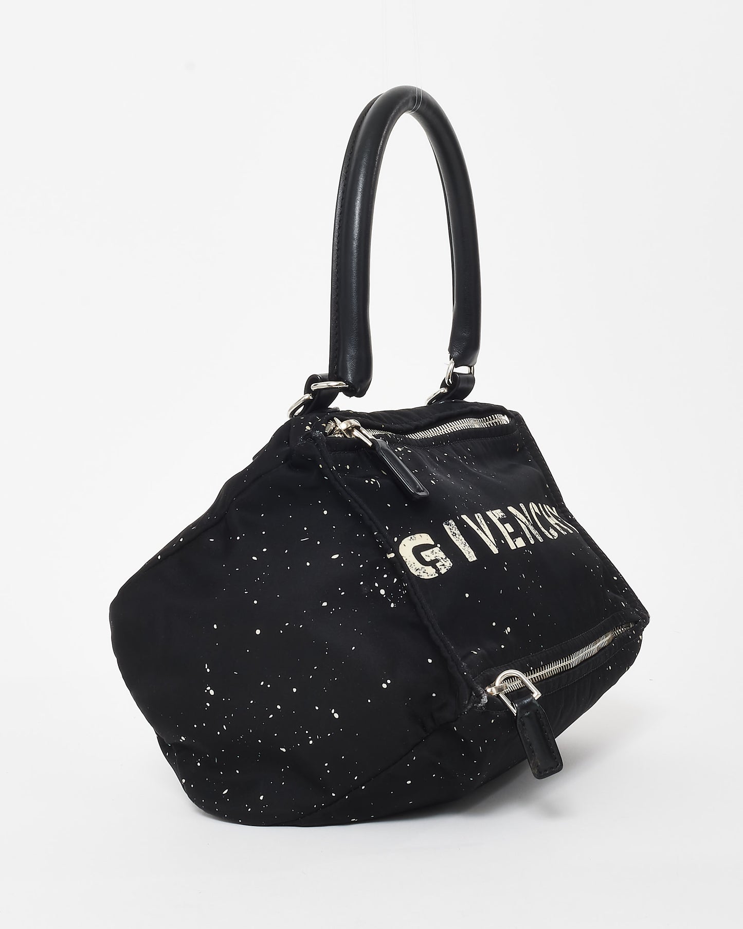 Givenchy Black 
White Splatter Logo Nylon Pandora Bag