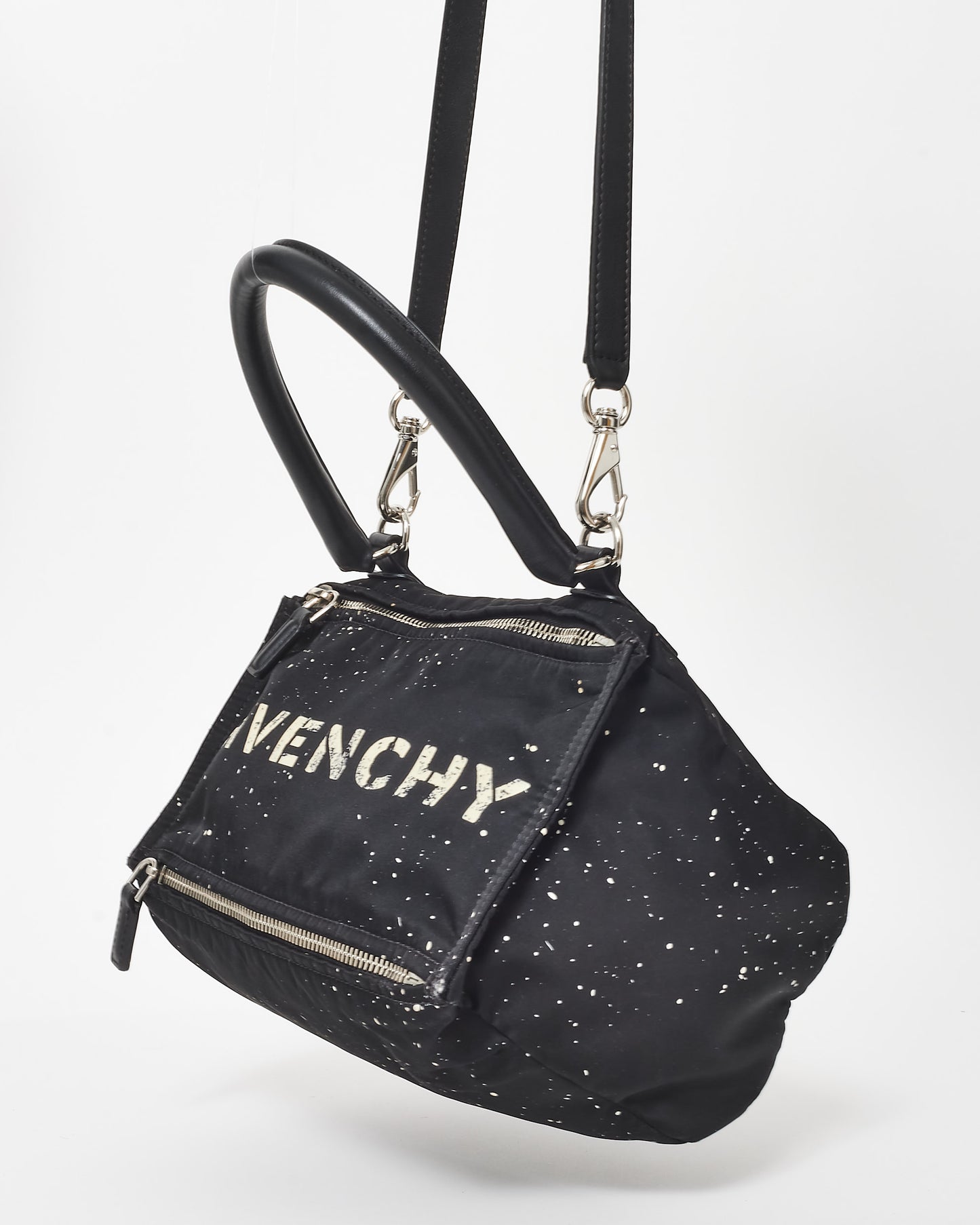 Givenchy Black 
White Splatter Logo Nylon Pandora Bag