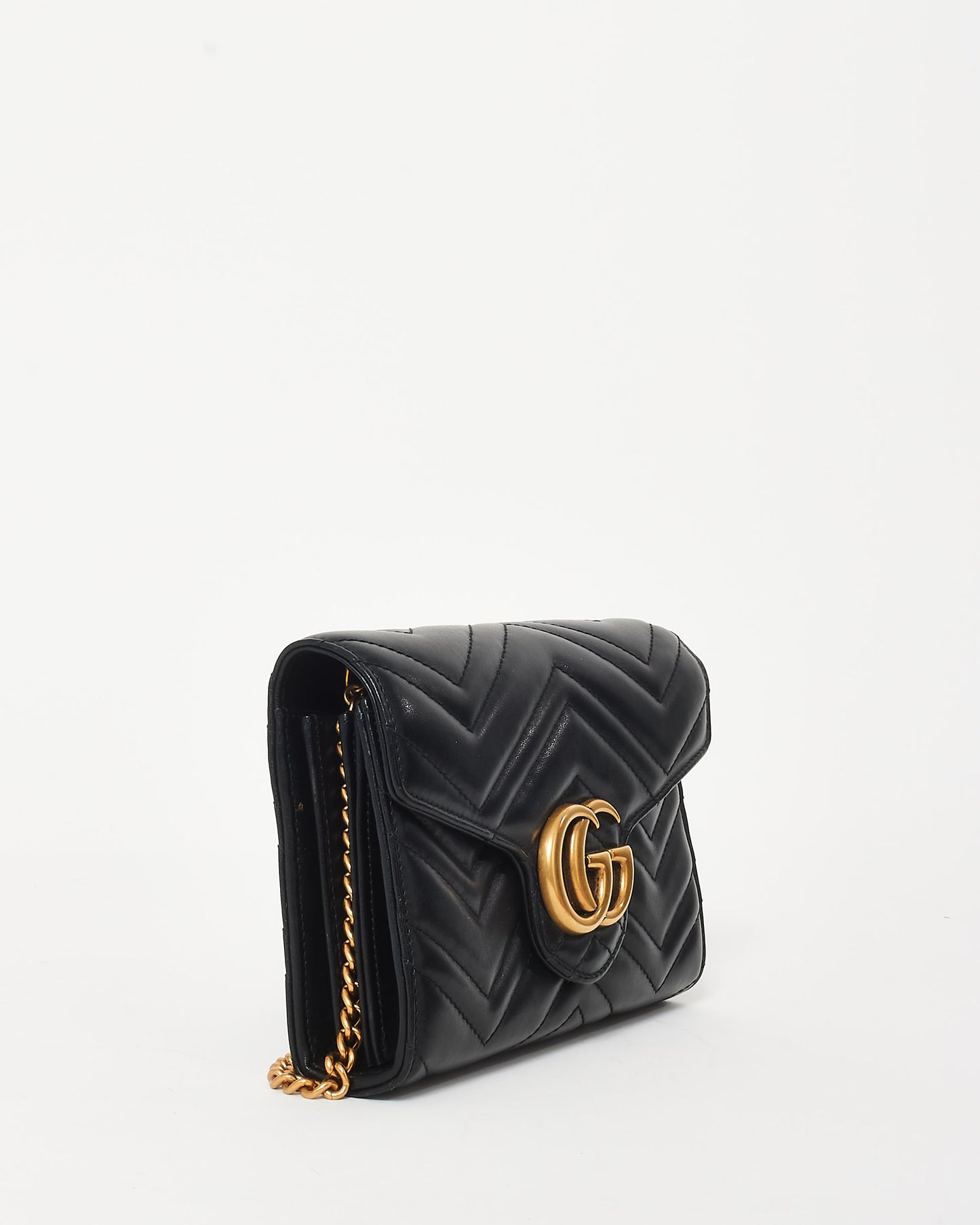 Gucci Black Chevron Leather GG Marmont Wallet On Chain