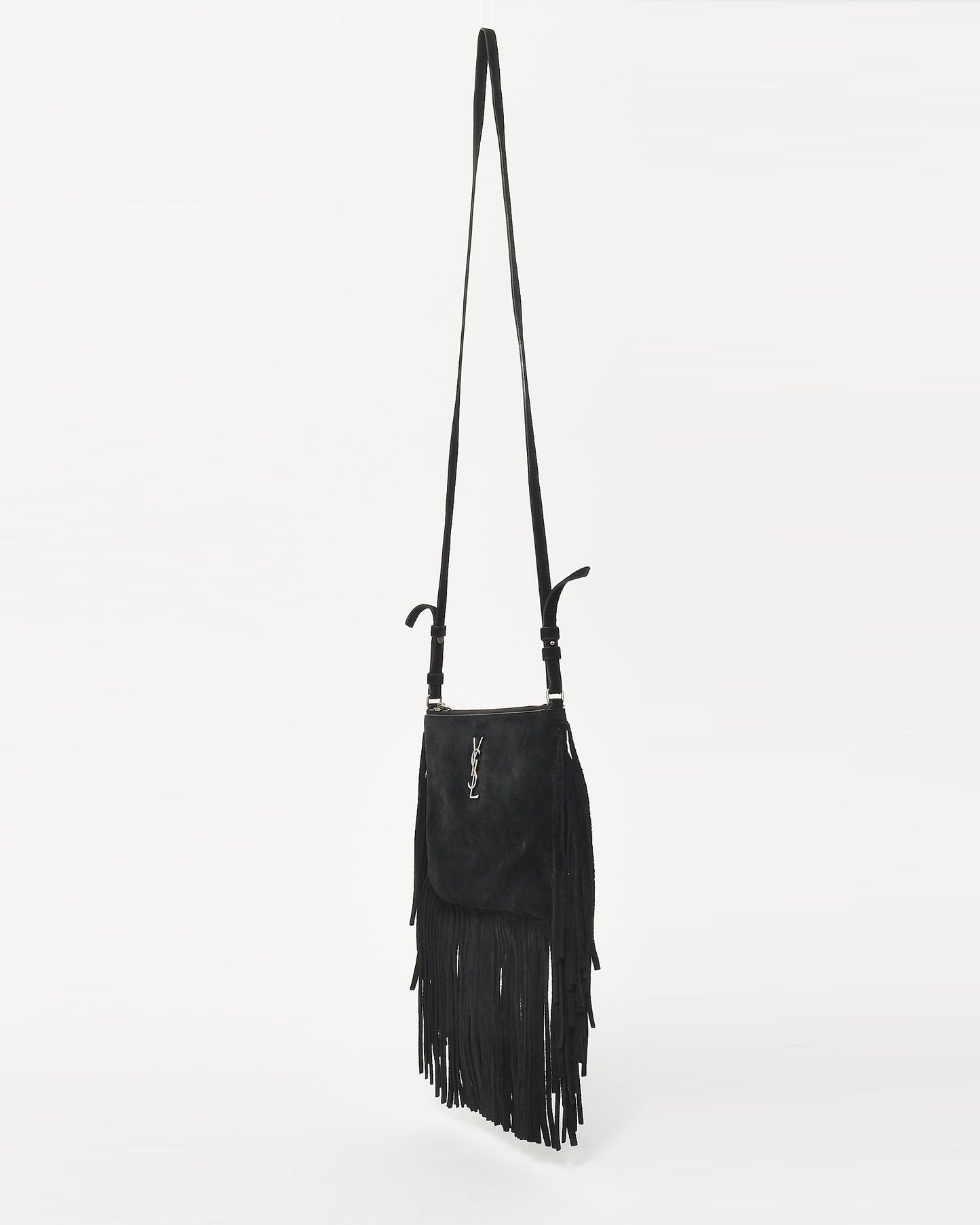 Saint Laurent Black Suede Fringe Logo Crossbody Bag