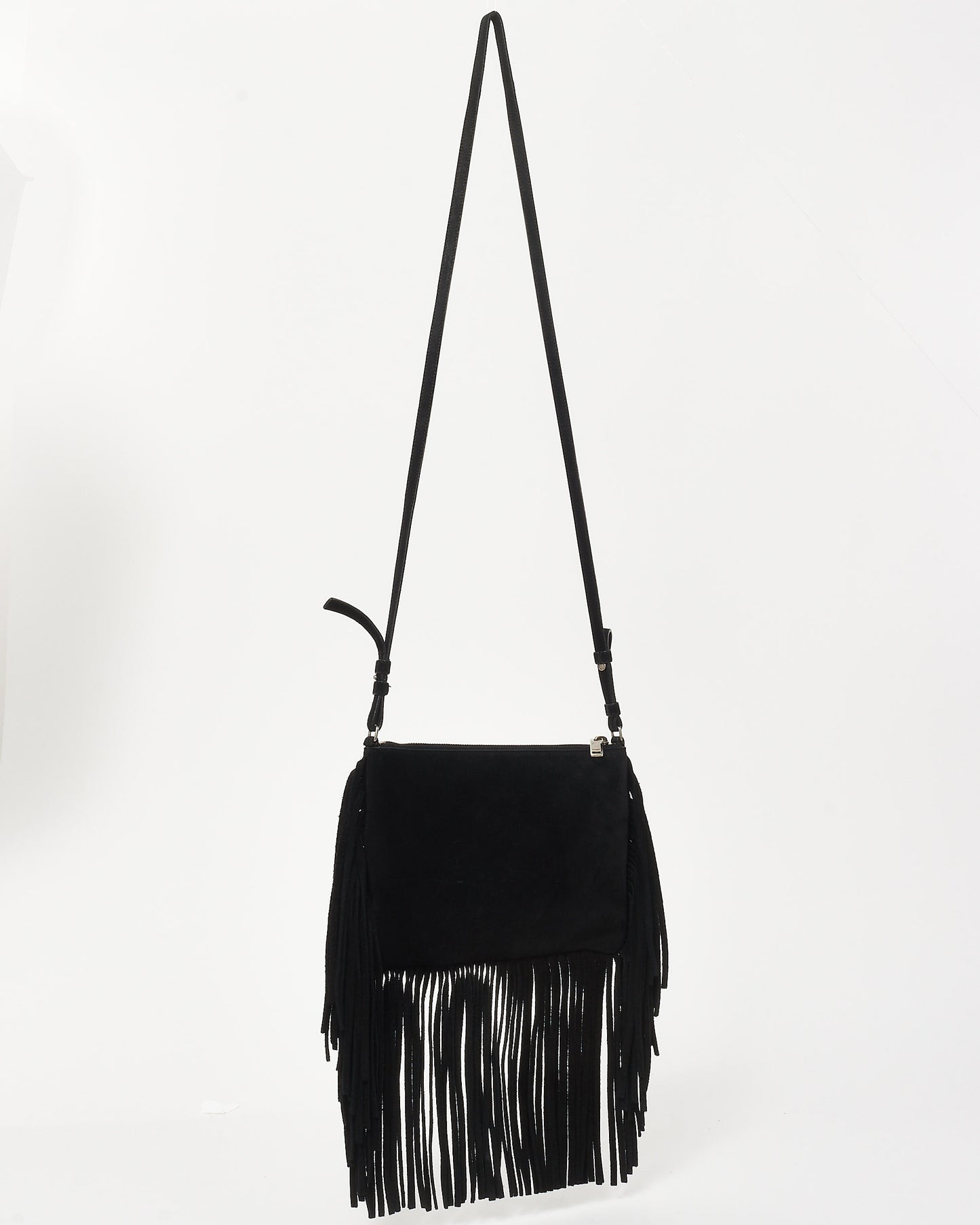 Saint Laurent Black Suede Fringe Logo Crossbody Bag