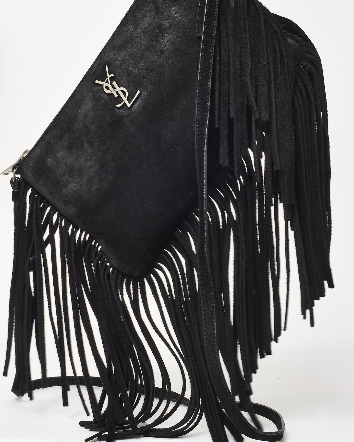 Saint Laurent Black Suede Fringe Logo Crossbody Bag