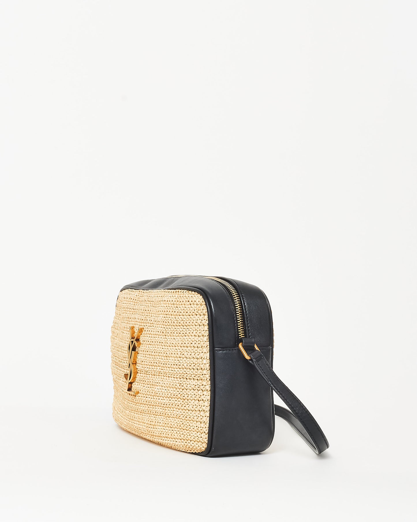 Saint Laurent Beige Raffia 
Black Leather GHW Lou Camera Bag