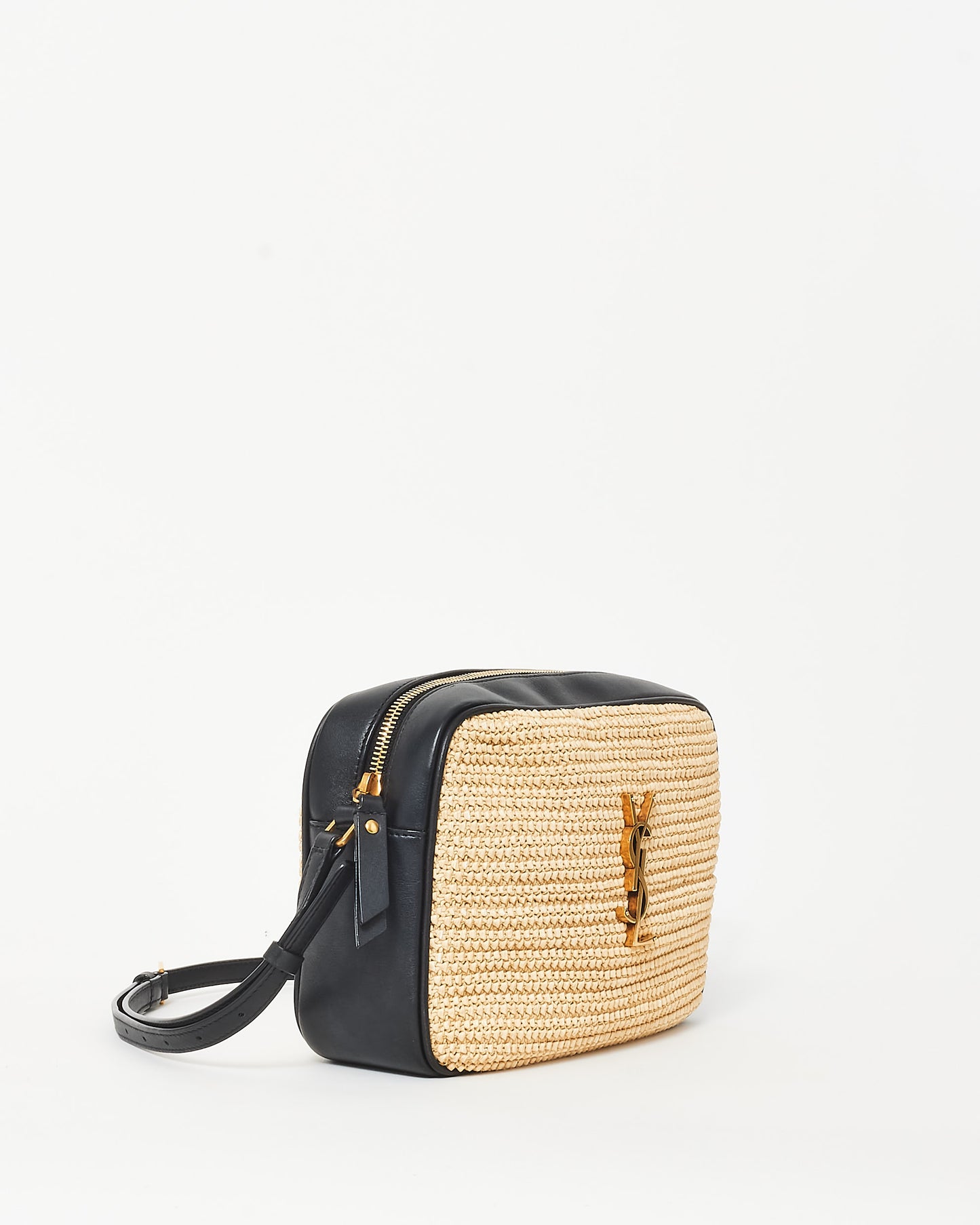 Saint Laurent Beige Raffia 
Black Leather GHW Lou Camera Bag