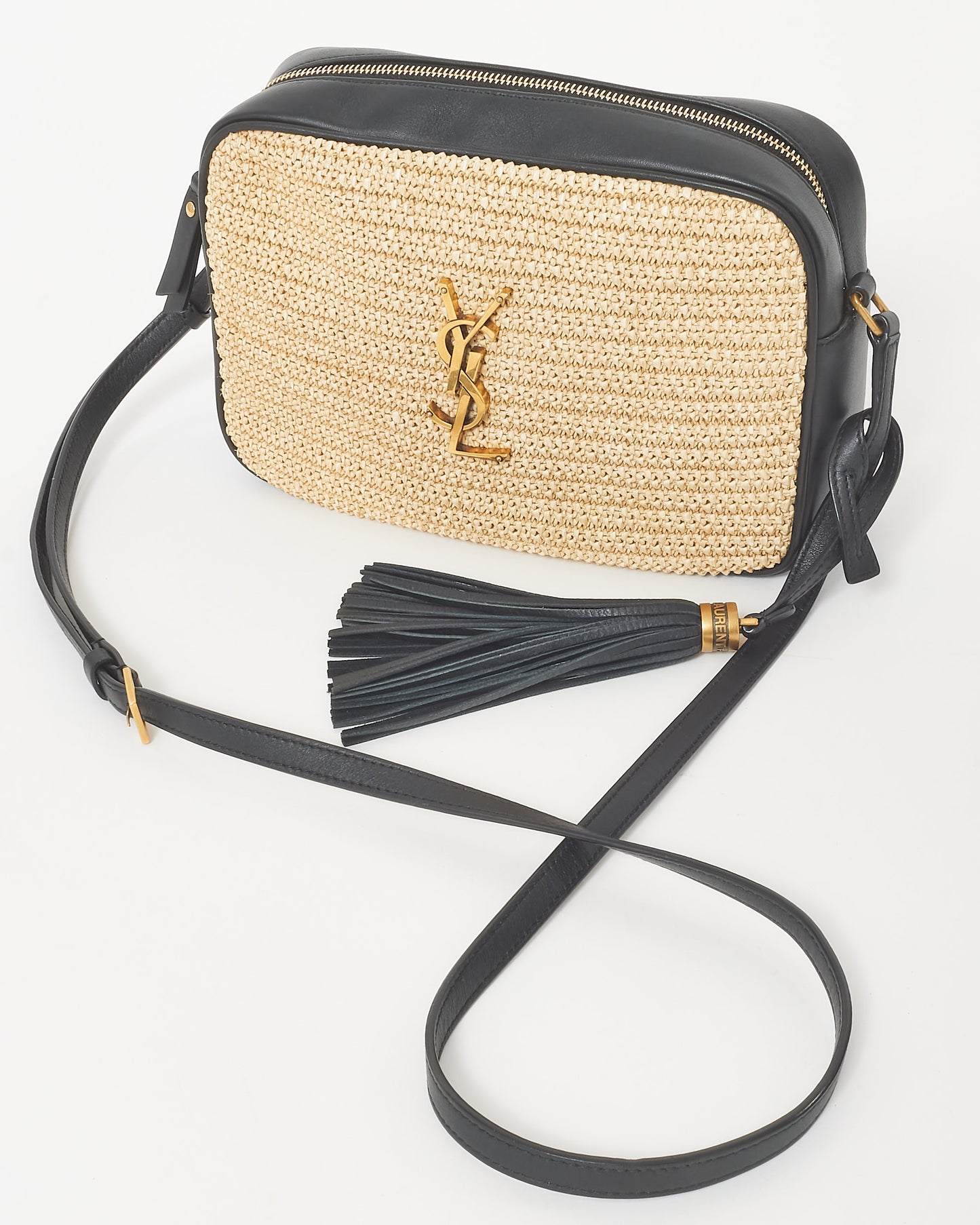 Saint Laurent Beige Raffia 
Black Leather GHW Lou Camera Bag