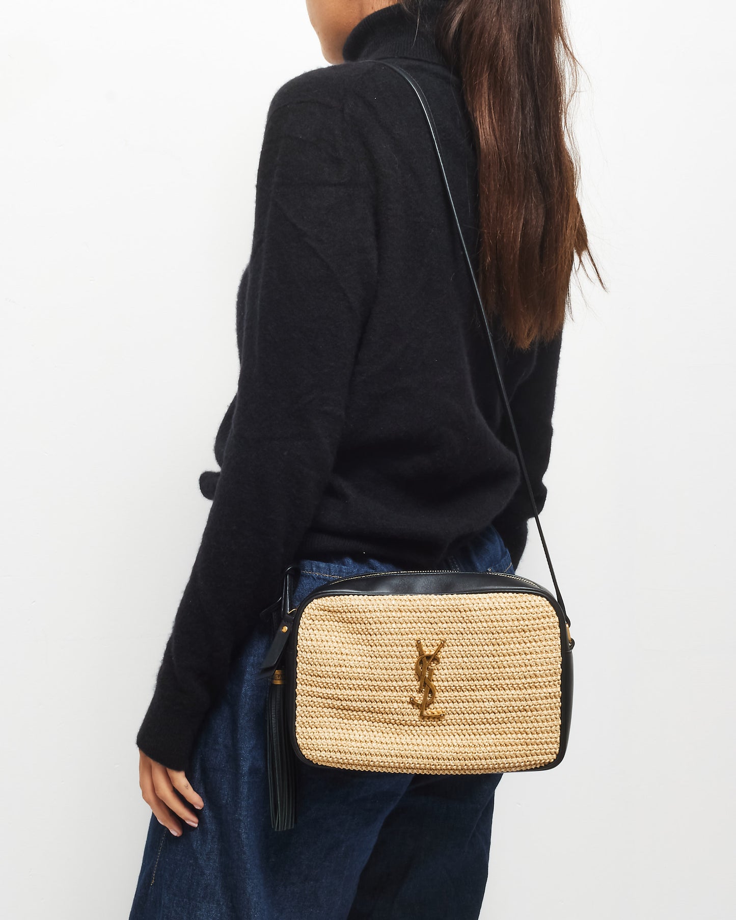 Saint Laurent Beige Raffia 
Black Leather GHW Lou Camera Bag