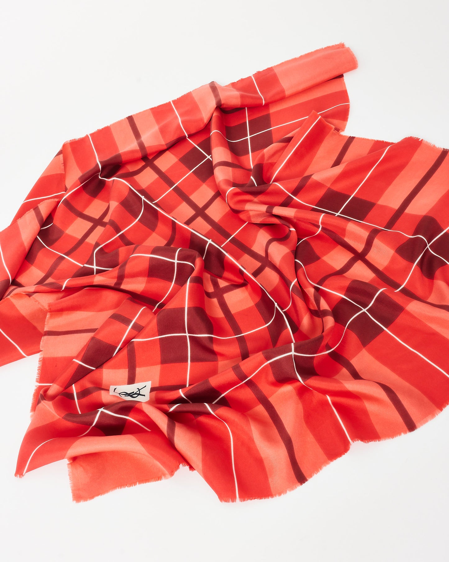 Saint Laurent Red 
Pink Plaid Silk Scarf